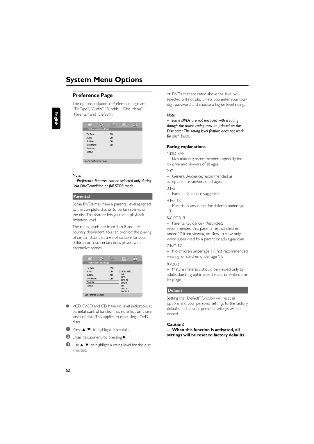 Philips MCD700/93 manual Preference, Parental, Rating explanations, NC-17, Default 