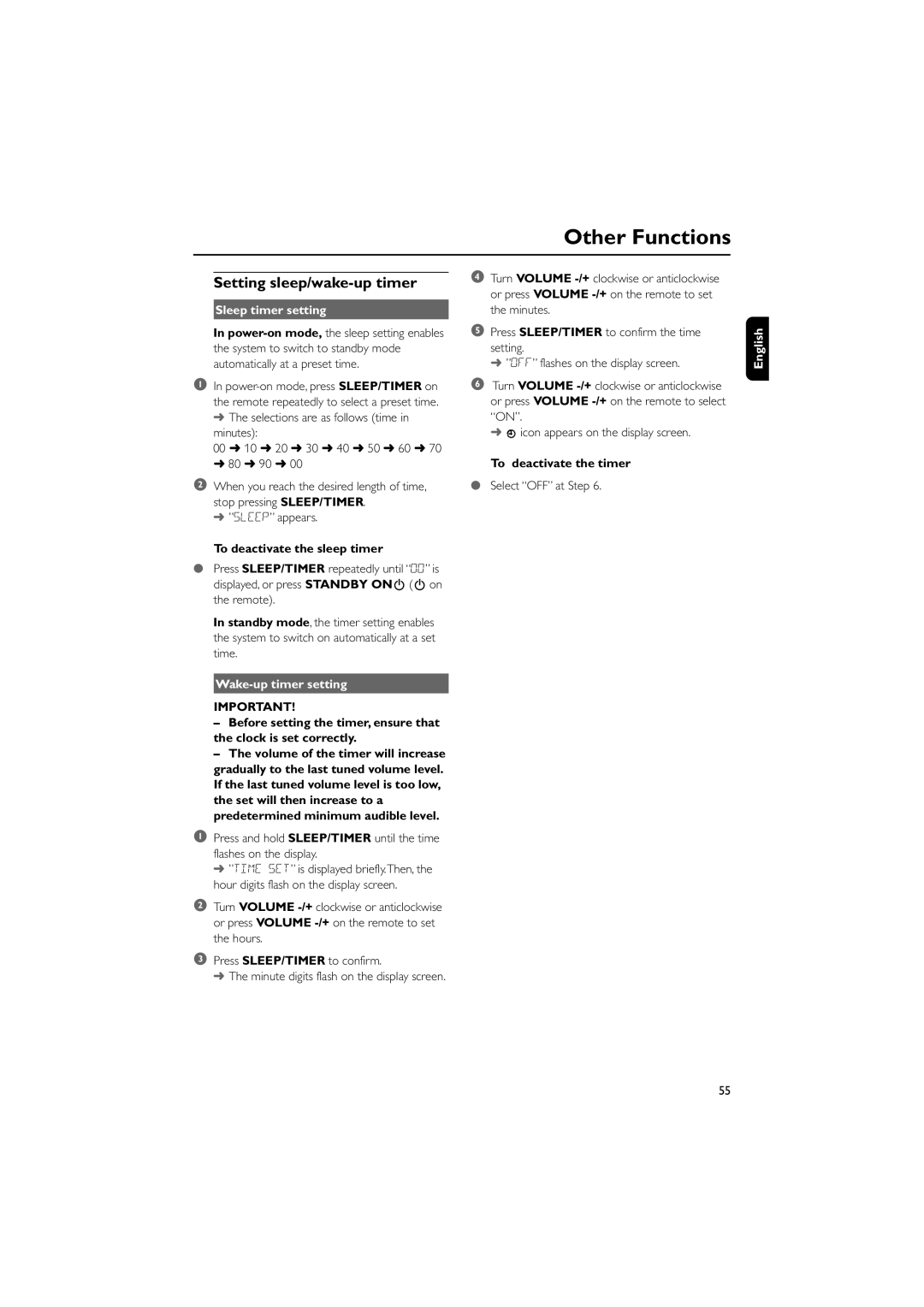 Philips MCD700/93 Setting sleep/wake-up timer, Sleep timer setting, To deactivate the sleep timer, Wake-up timer setting 