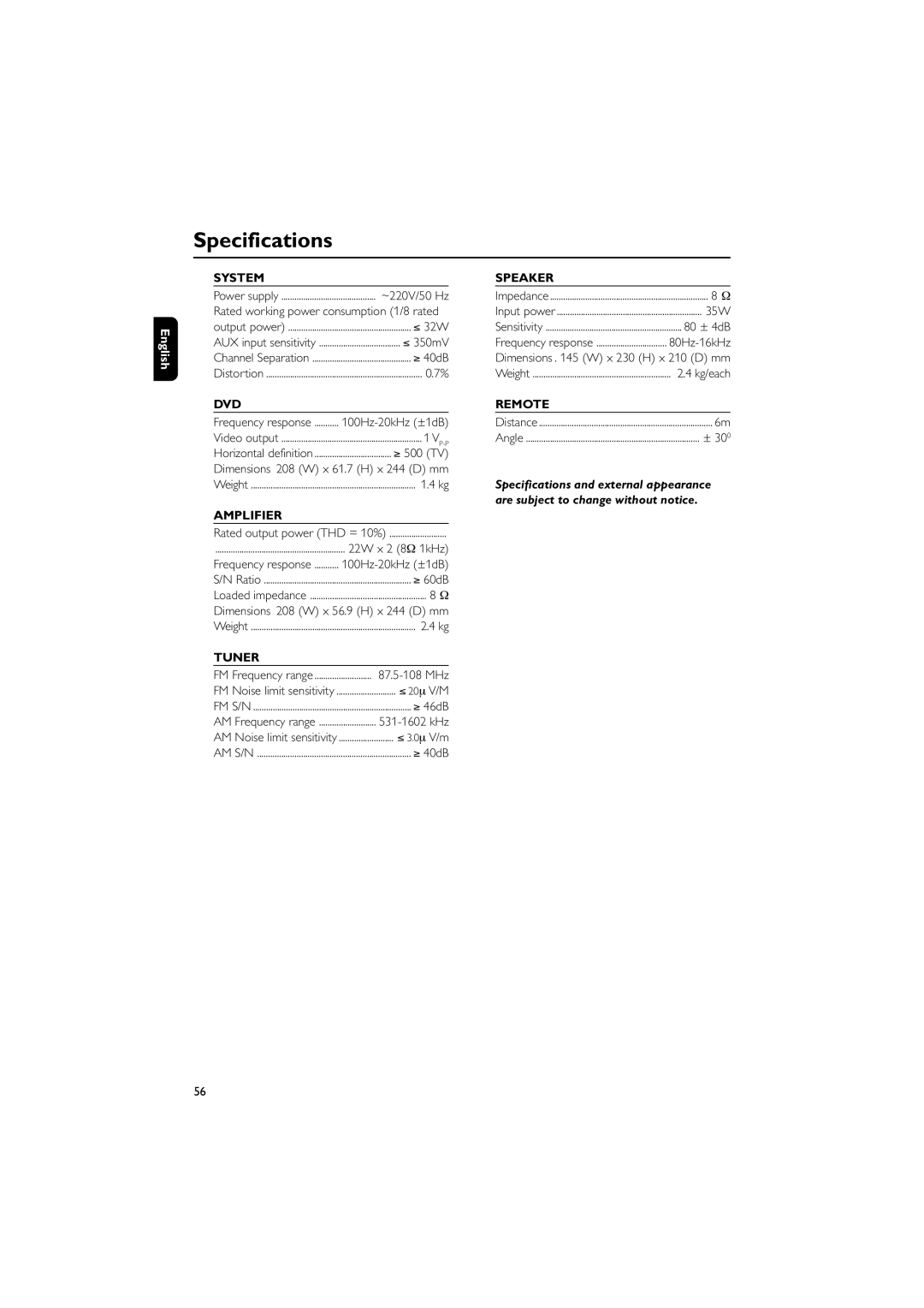 Philips MCD700/93 manual Specifications 