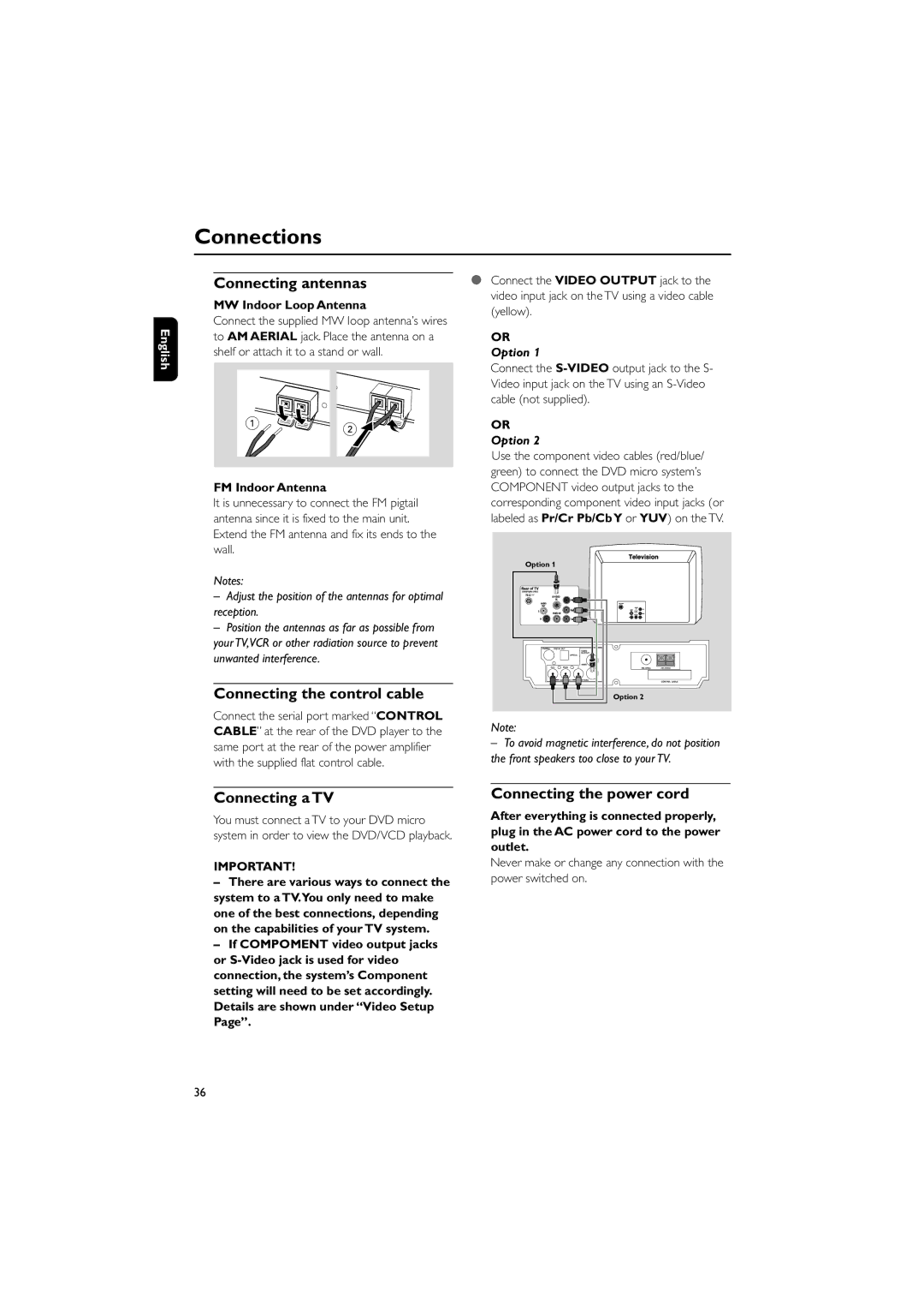 Philips MCD700/93 manual Connecting antennas, Connecting the control cable, Connecting a TV, Connecting the power cord 