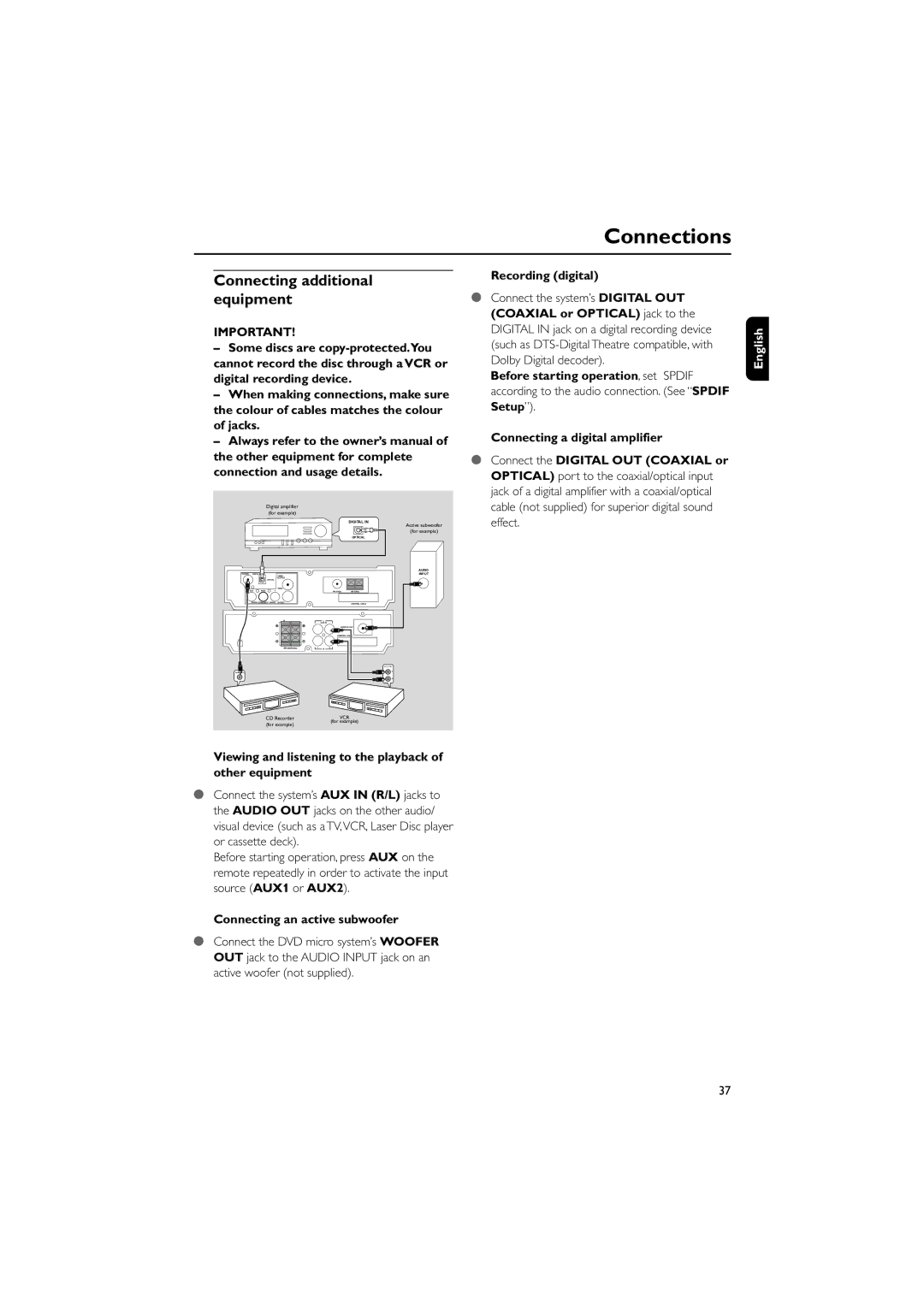 Philips MCD700/93 manual Connecting additional equipment, Connecting an active subwoofer 