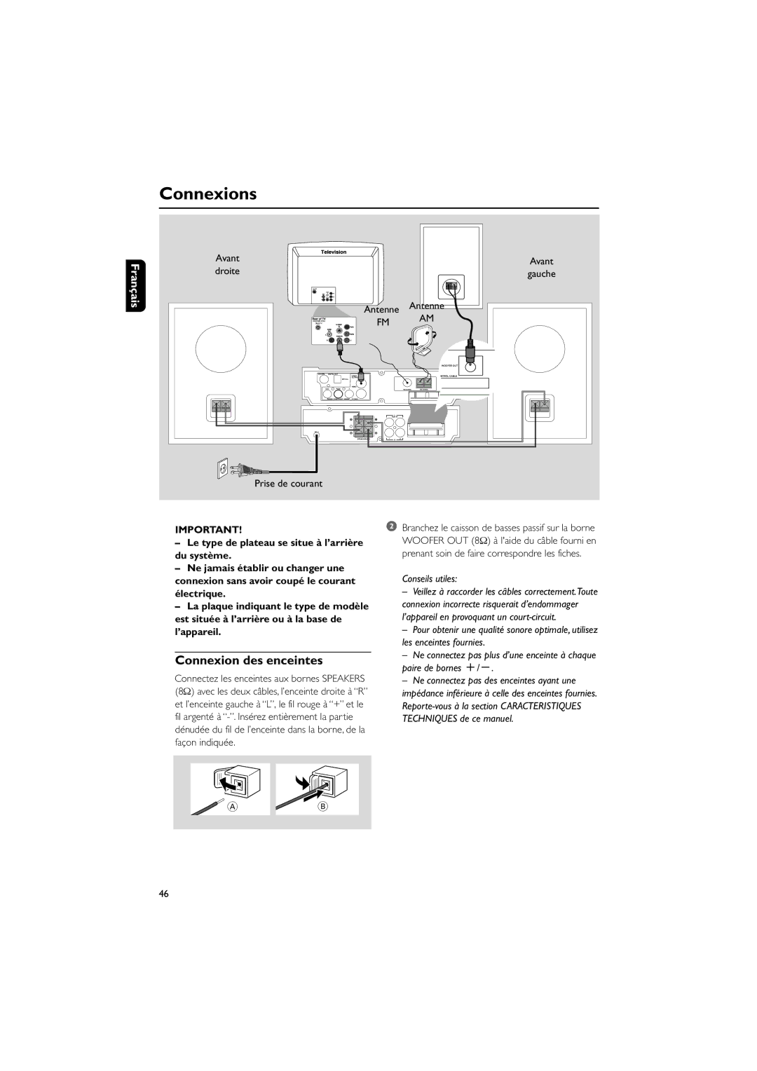 Philips MCD703 owner manual Connexions, Connexion des enceintes 