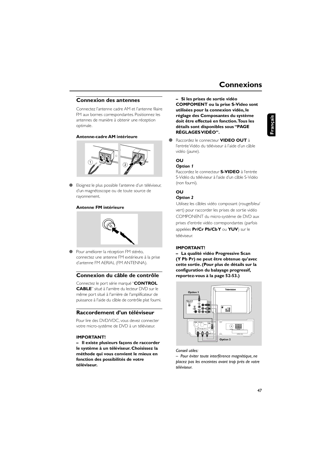 Philips MCD703 owner manual Connexion des antennes, Connexion du c‰ble de contrle, Raccordement dÕun tŽlŽviseur 