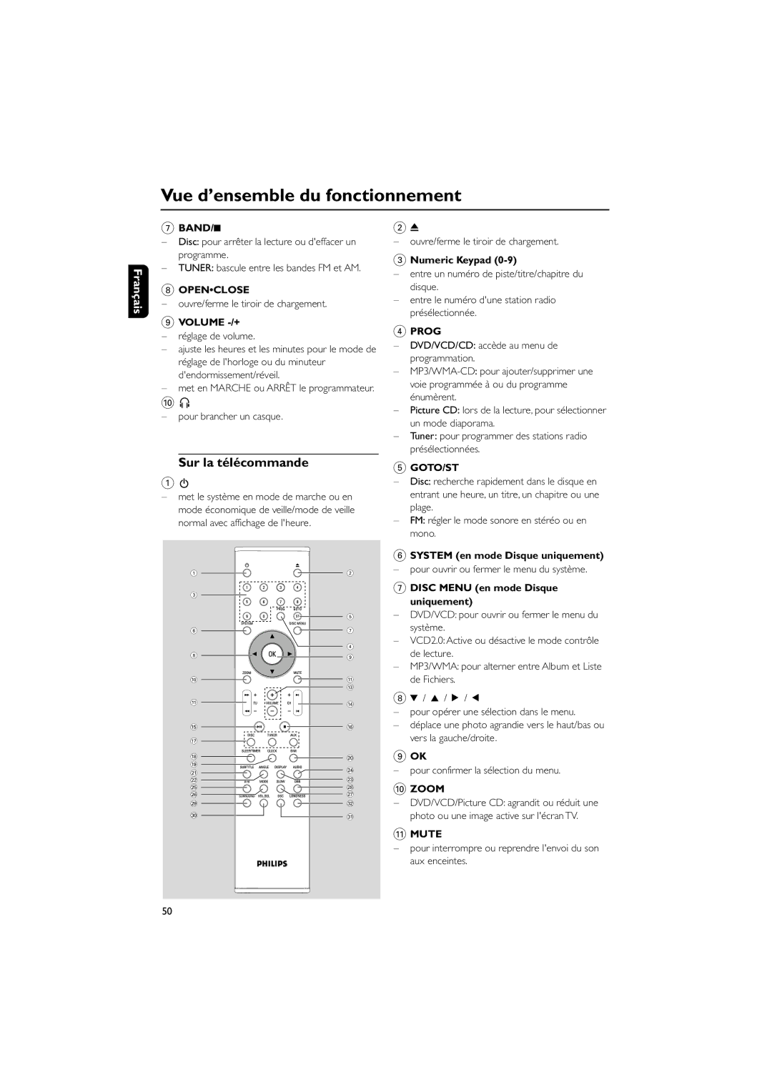 Philips MCD703 owner manual Sur la tŽlŽcommande 