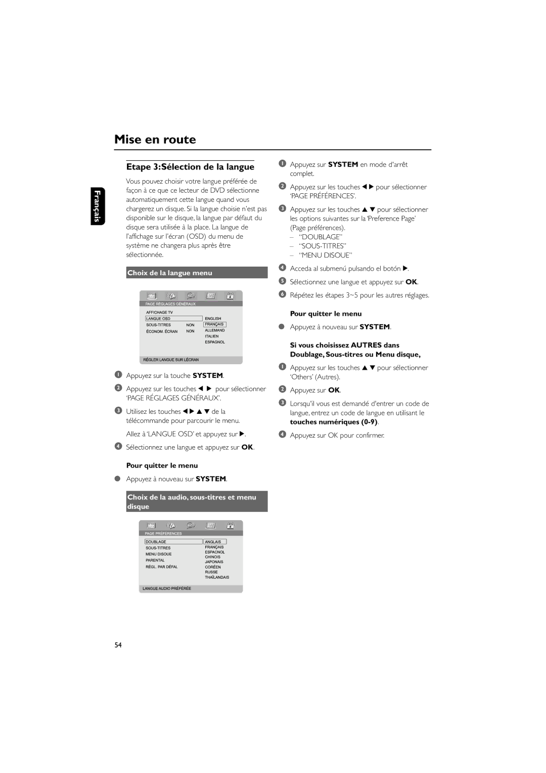 Philips MCD703 owner manual Etape 3SŽlection de la langue, Choix de la langue menu, Pour quitter le menu 