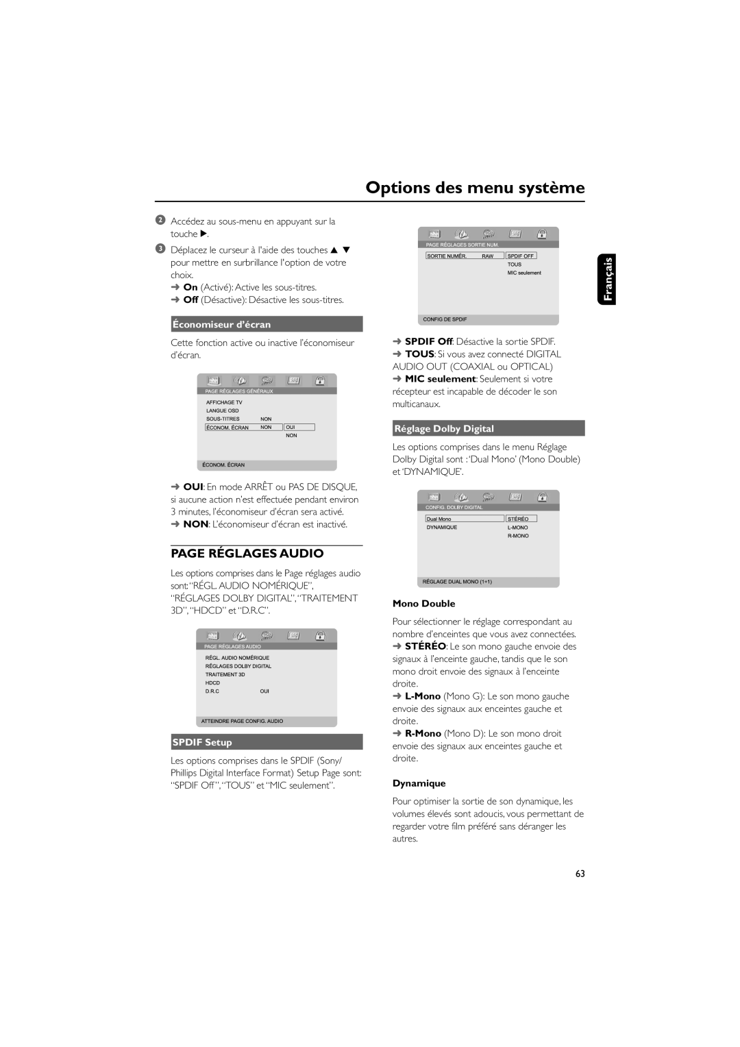 Philips MCD703 owner manual RƒGLAGES Audio, Ƒconomiseur dÕŽcran, Spdif Setup, RŽglage Dolby Digital 