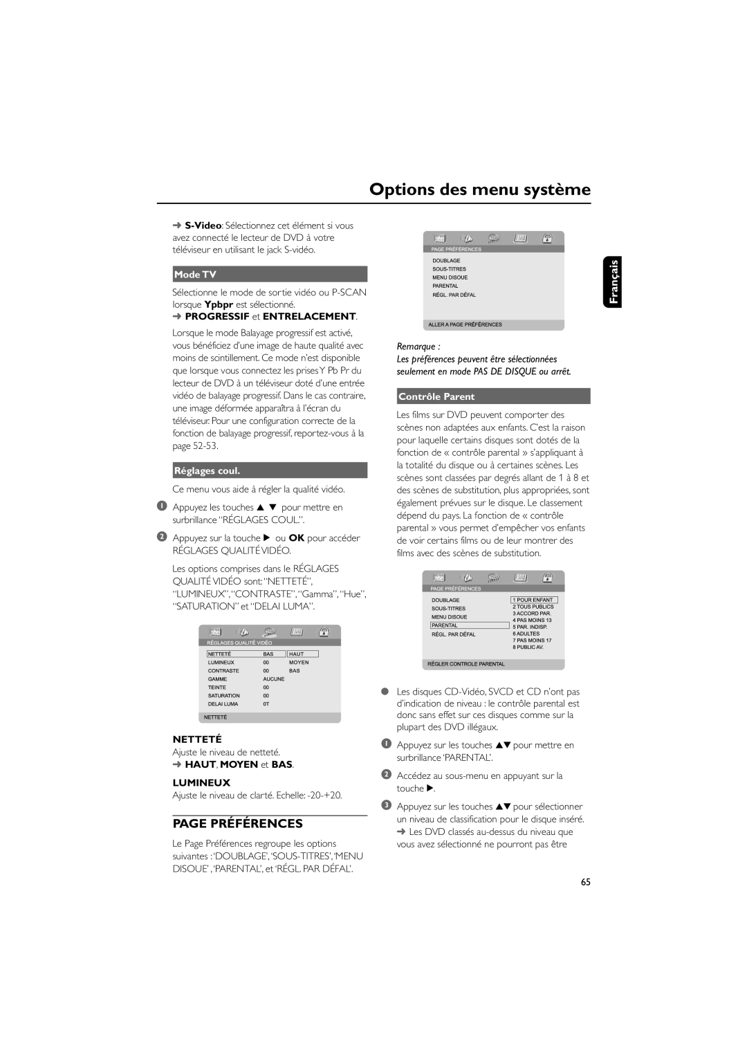 Philips MCD703 owner manual PRƒFƒRENCES, Mode TV, RŽglages coul, Lumineux, Contrle Parent 