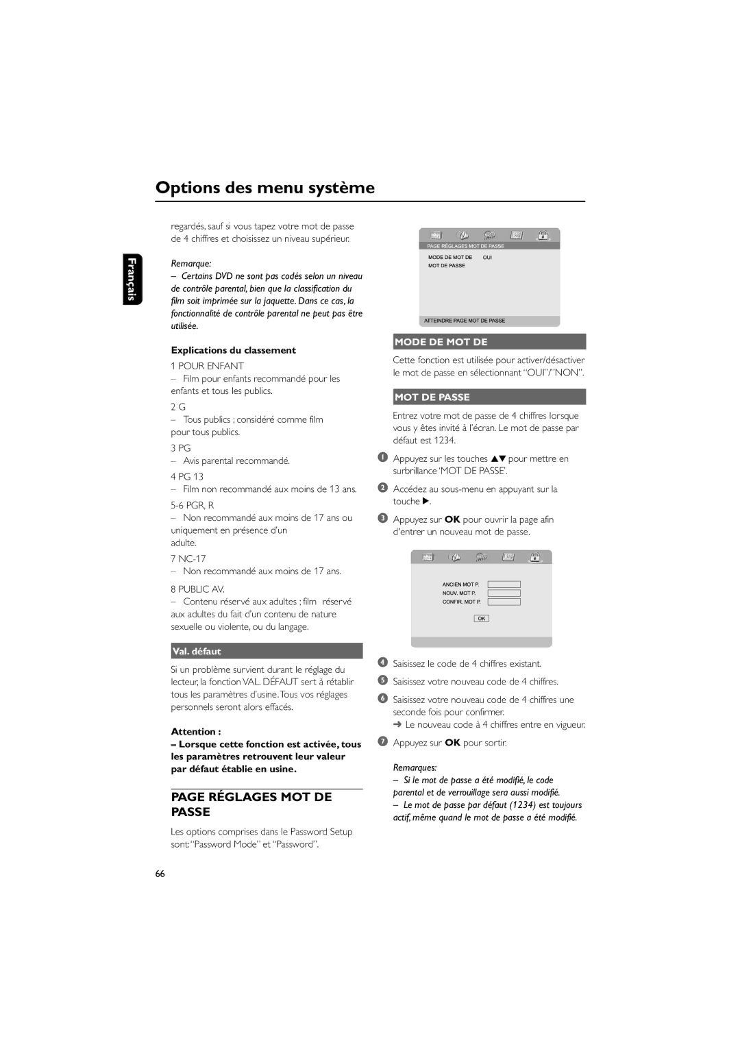 Philips MCD703 owner manual RƒGLAGES MOT DE Passe, Explications du classement, Val. dŽfaut, Appuyez sur OK pour sortir 