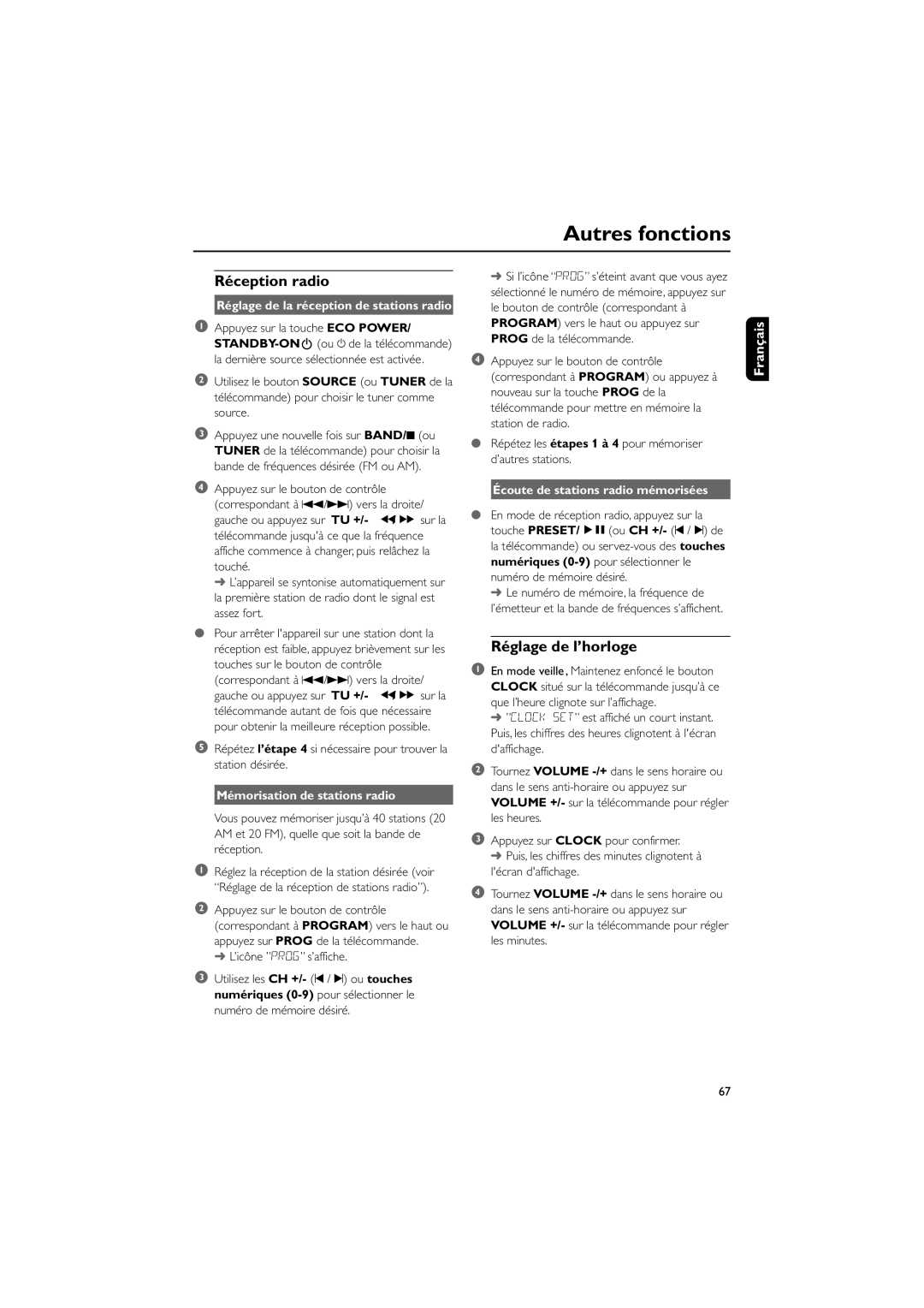 Philips MCD703 owner manual Autres fonctions, RŽception radio, RŽglage de lÕhorloge, MŽmorisation de stations radio 