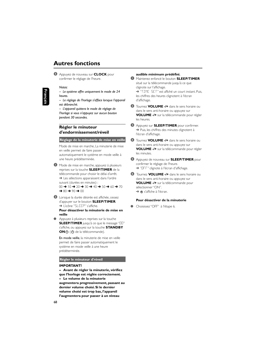 Philips MCD703 owner manual RŽgler le minuteur dendormissement/rŽveil, Pour dŽsactiver la minuterie de mise en veille 