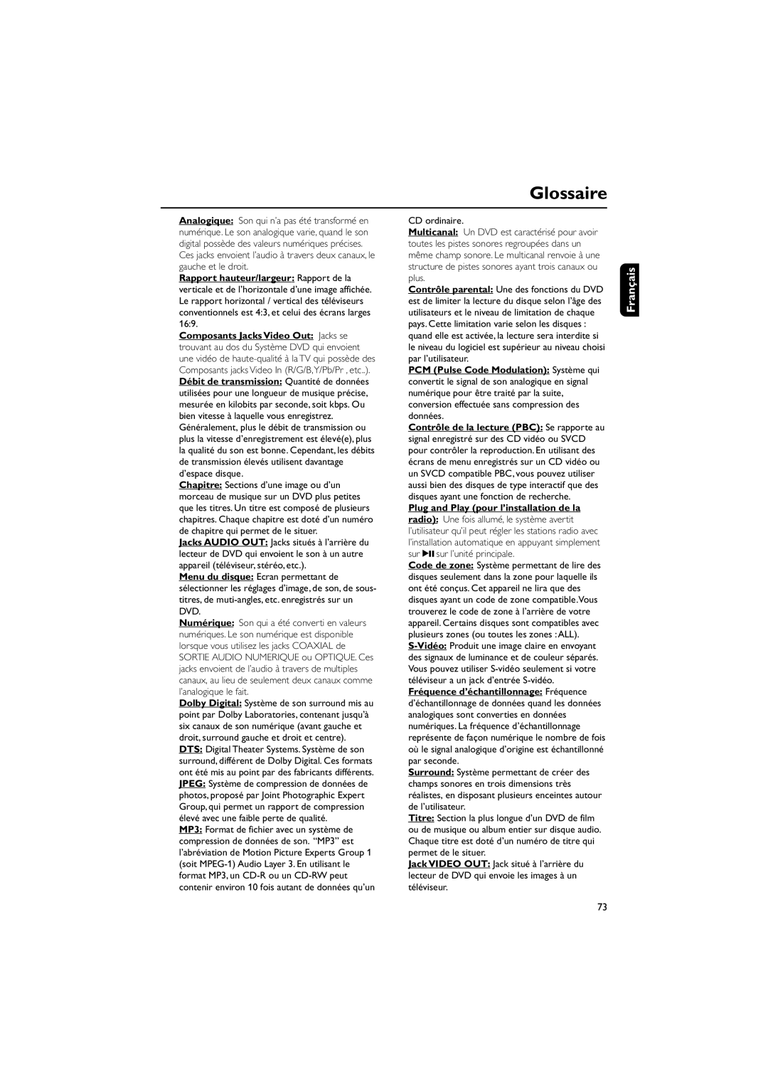 Philips MCD703 owner manual Glossaire 