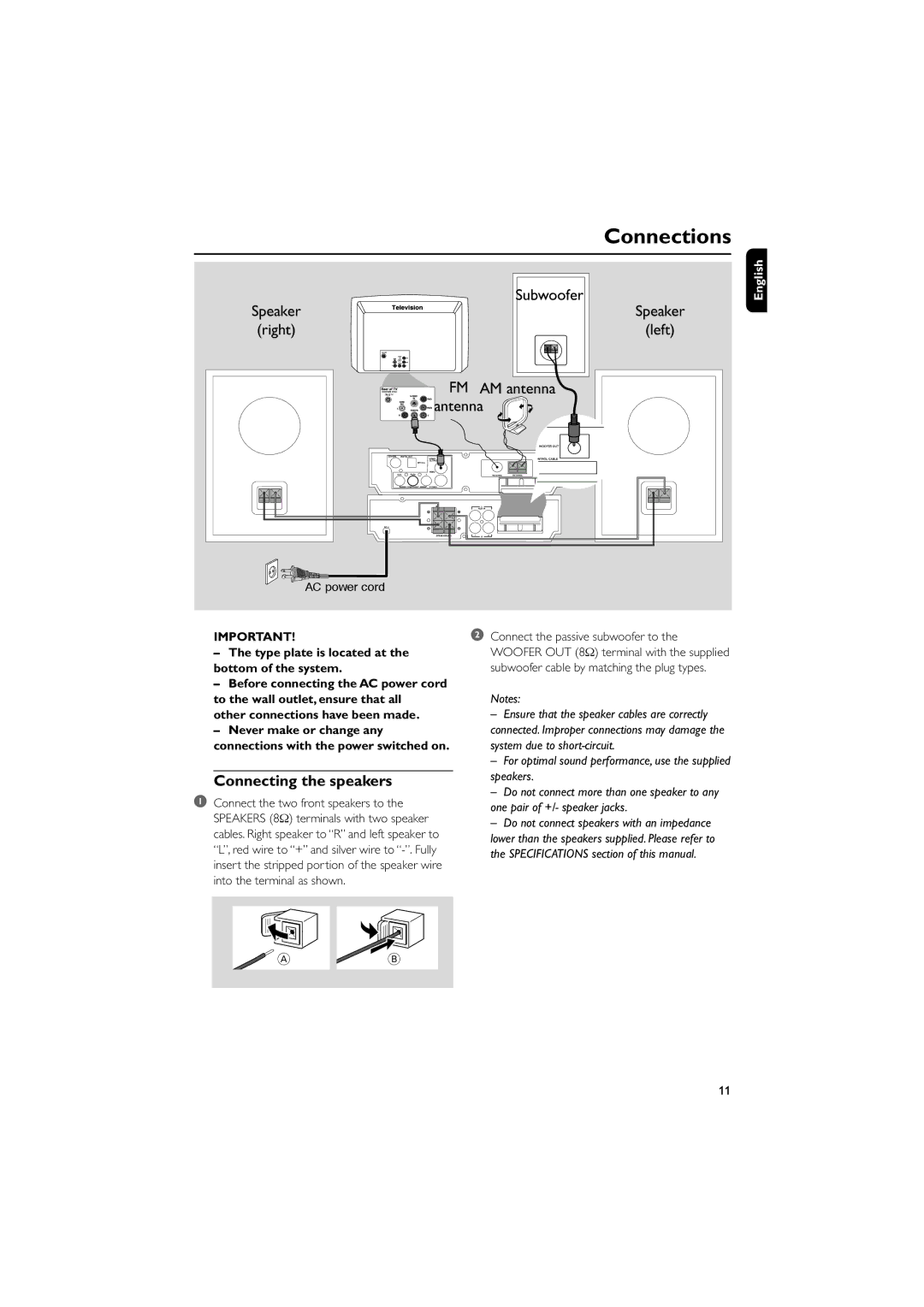 Philips MCD703 owner manual Connections, Connecting the speakers, Type plate is located at, Bottom of the system 