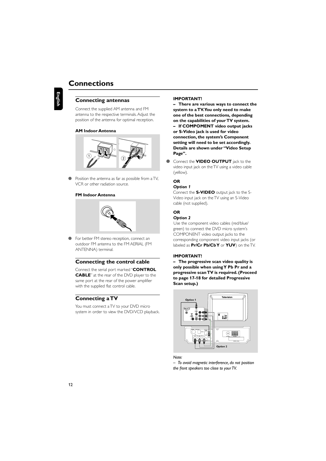 Philips MCD703 owner manual Connecting antennas, Connecting the control cable, Connecting a TV 