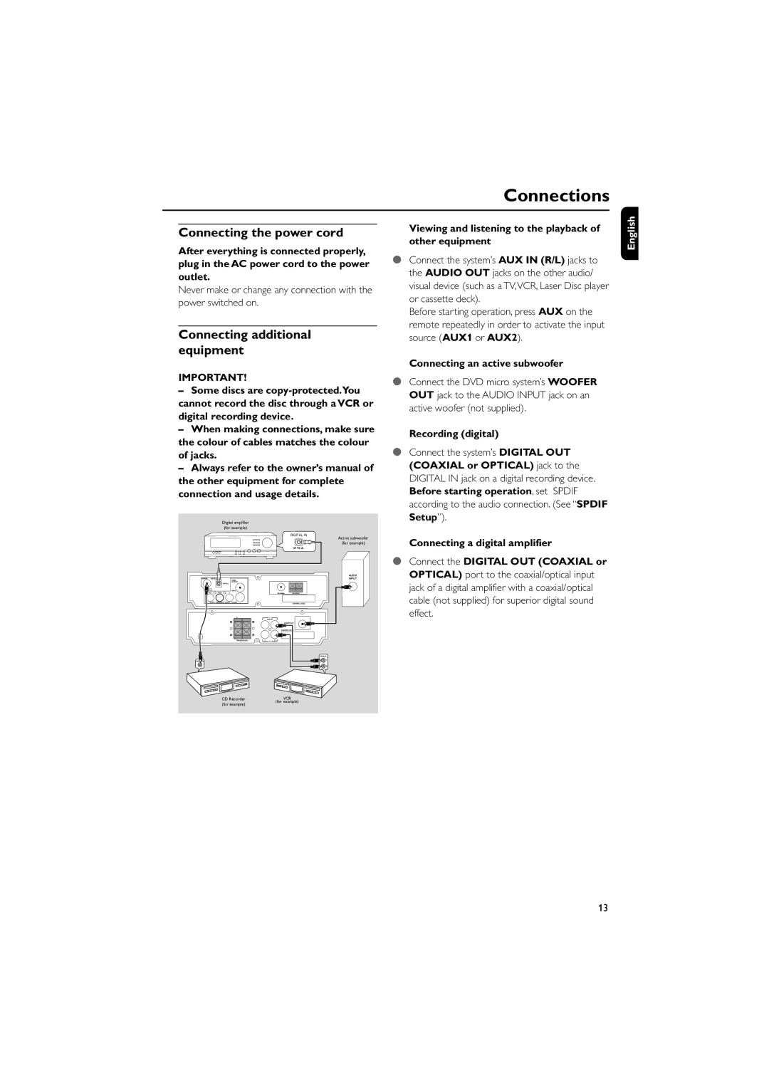 Philips MCD703 owner manual Connecting the power cord, Connecting additional equipment, Connecting an active subwoofer 