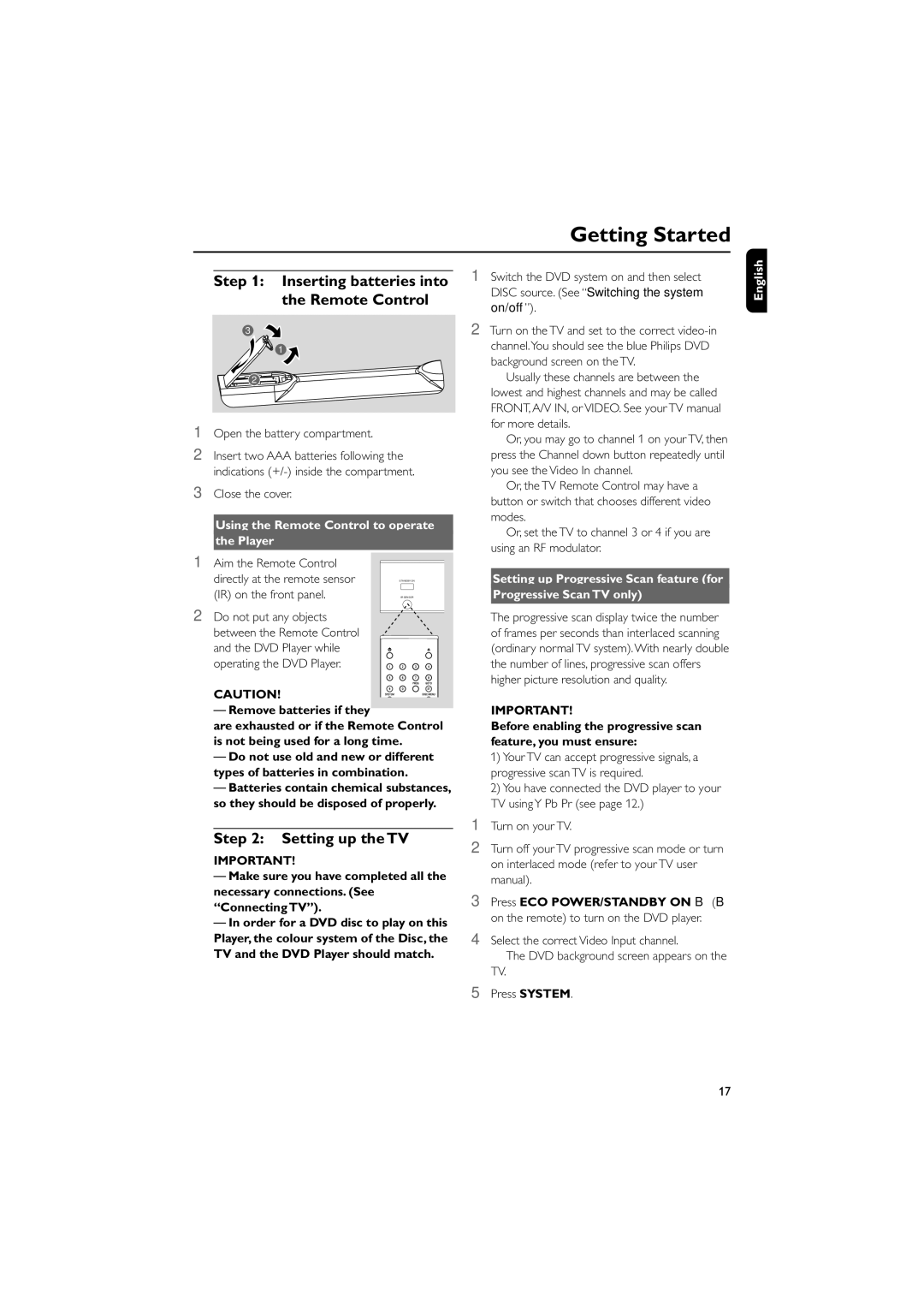 Philips MCD703 Getting Started, Inserting batteries into the Remote Control, Setting up the TV, Remove batteries if they 