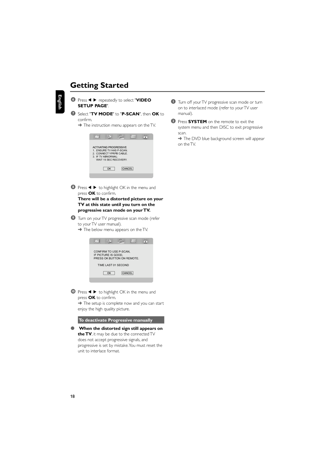 Philips MCD703 owner manual To deactivate Progressive manually 