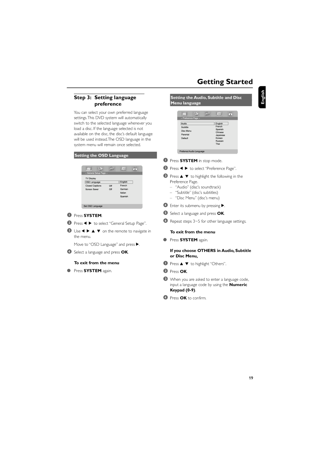 Philips MCD703 owner manual Setting language, Preference, Setting the Audio, Subtitle and Disc, Setting the OSD Language 