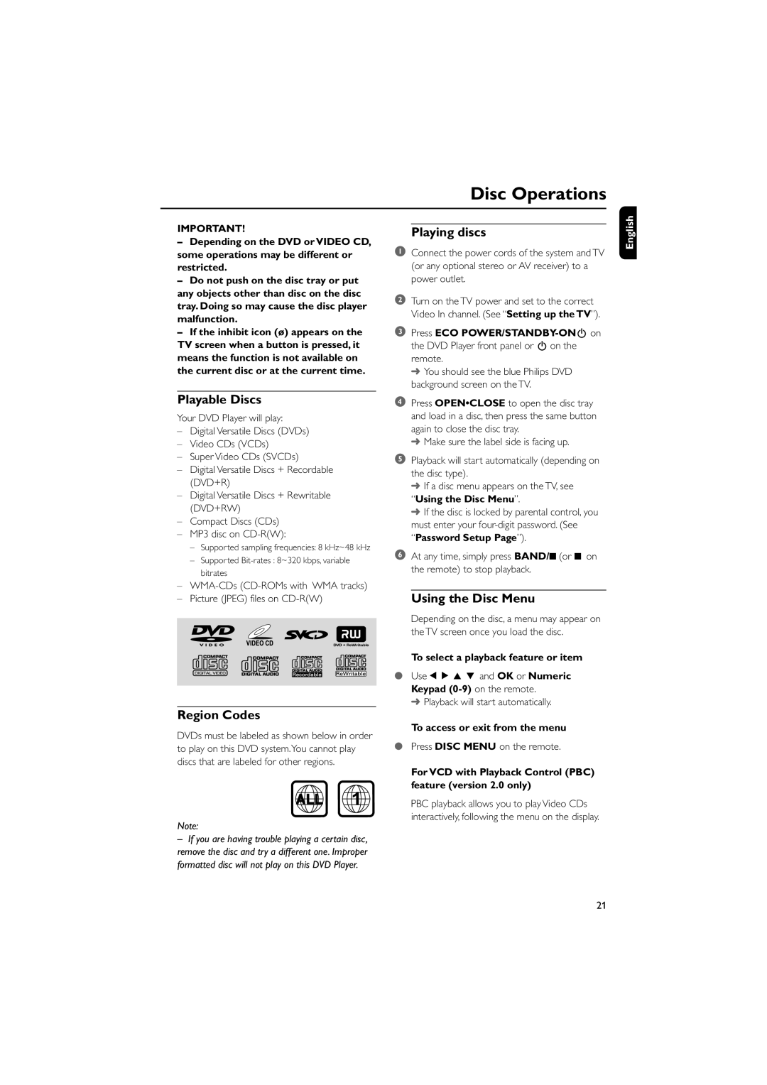 Philips MCD703 owner manual Disc Operations, Playable Discs, Region Codes, Playing discs, Using the Disc Menu 