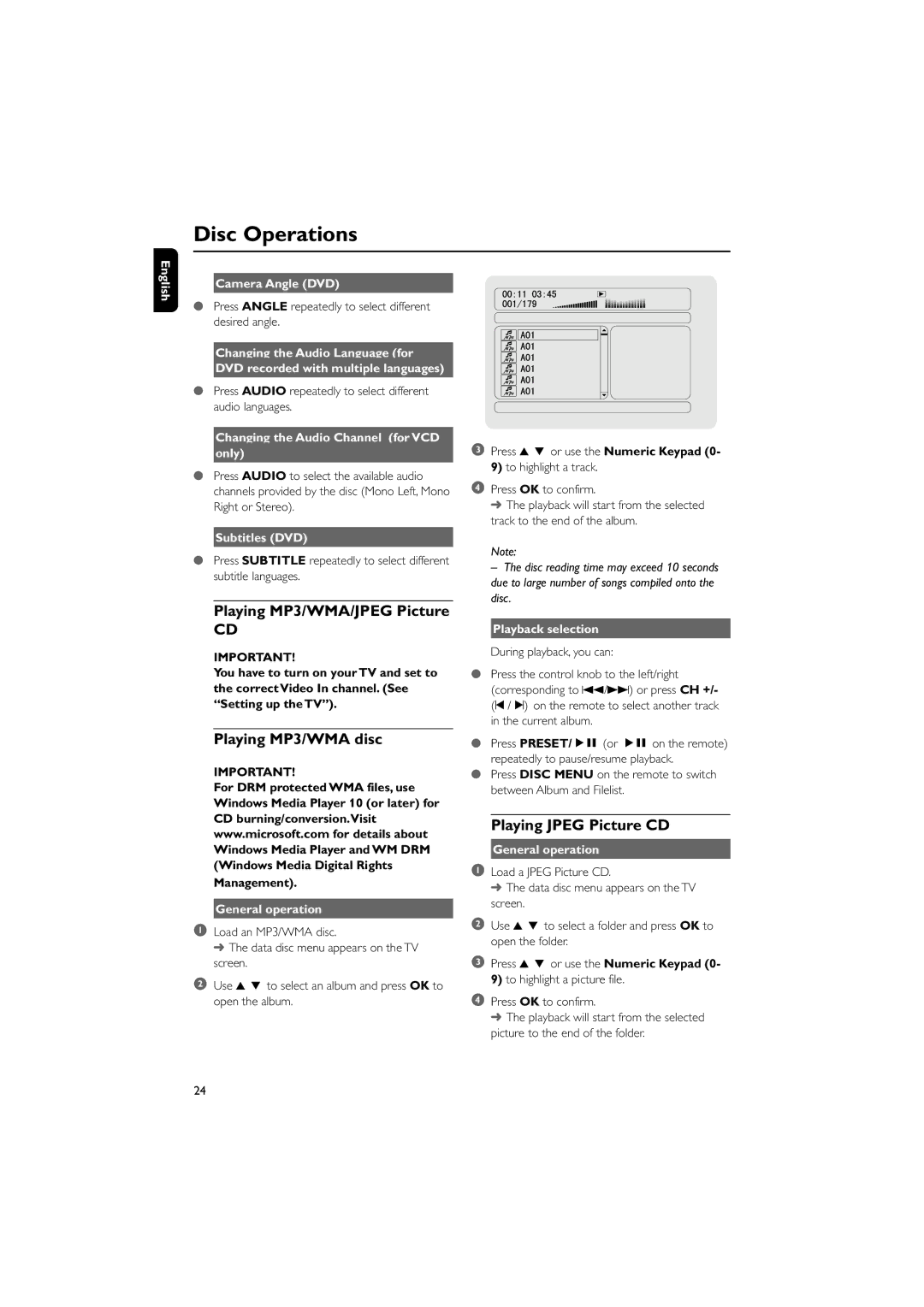 Philips MCD703 owner manual Playing MP3/WMA/JPEG Picture, Playing MP3/WMA disc, Playing Jpeg Picture CD 