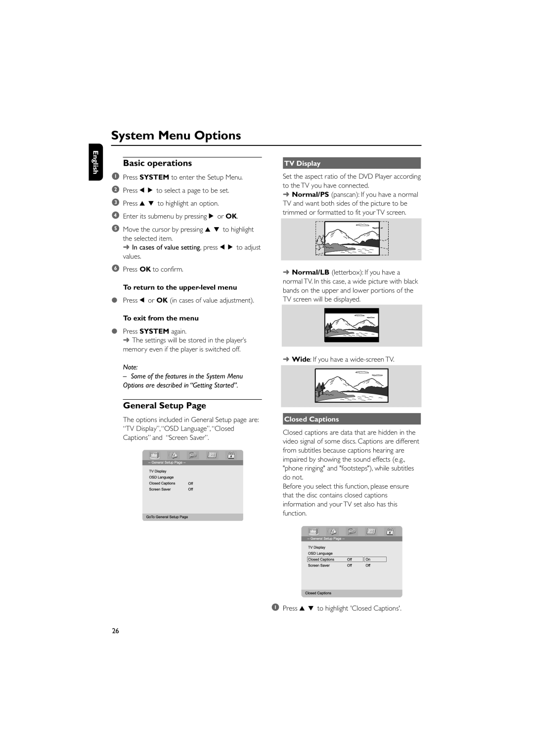 Philips MCD703 owner manual System Menu Options, Basic operations, General Setup, TV Display, Closed Captions 