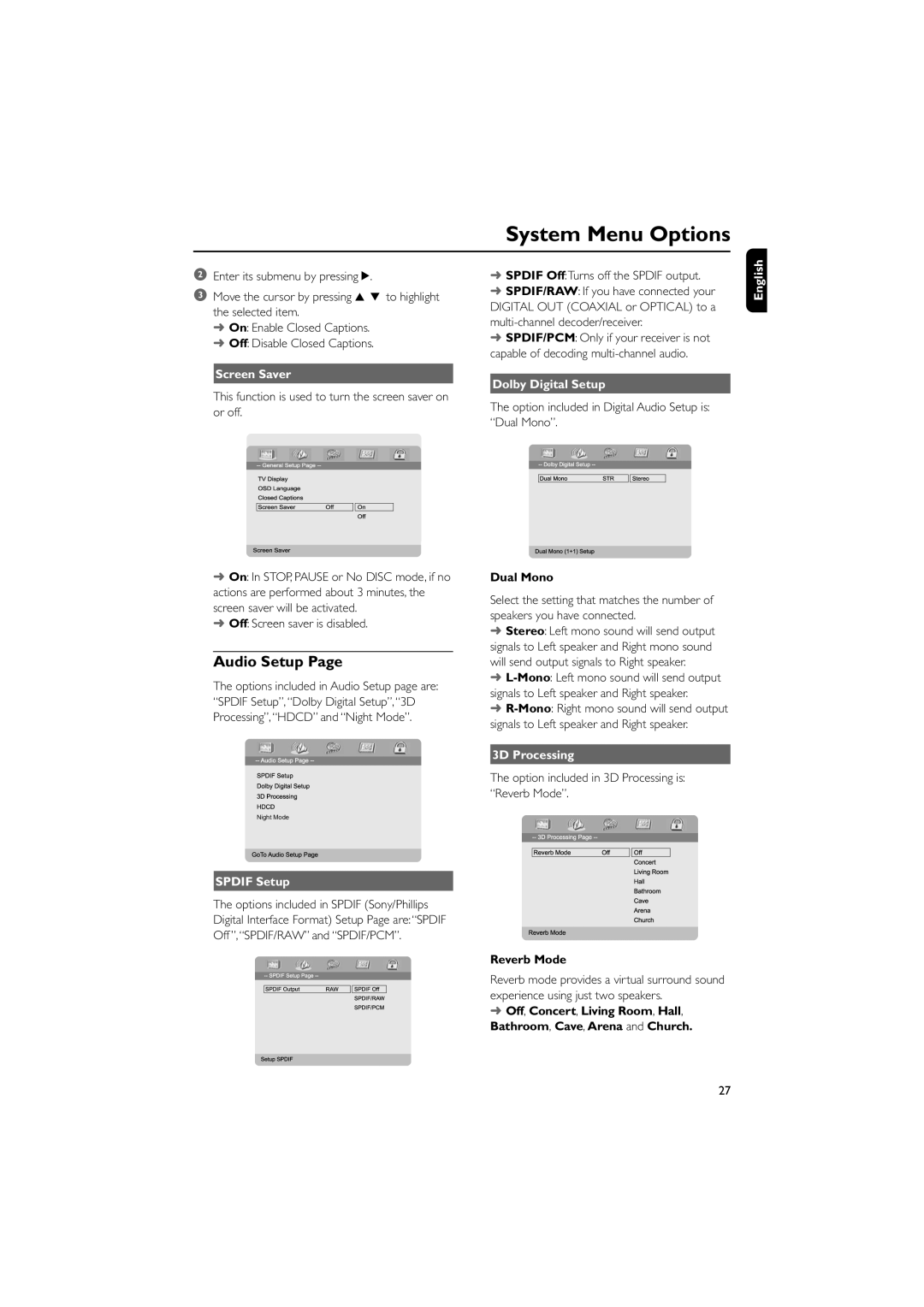 Philips MCD703 owner manual Audio Setup, Screen Saver, Dolby Digital Setup, English 3D Processing, Spdif Setup 