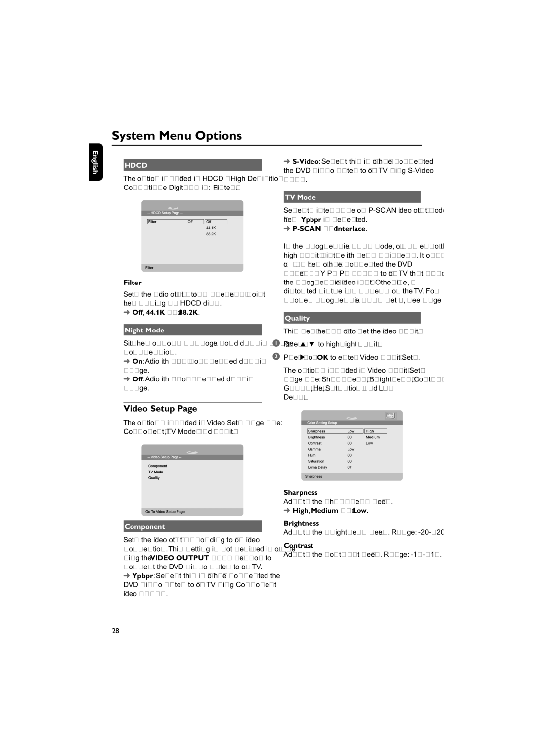 Philips MCD703 owner manual Video Setup, Night Mode, TV Mode, Quality, Component 