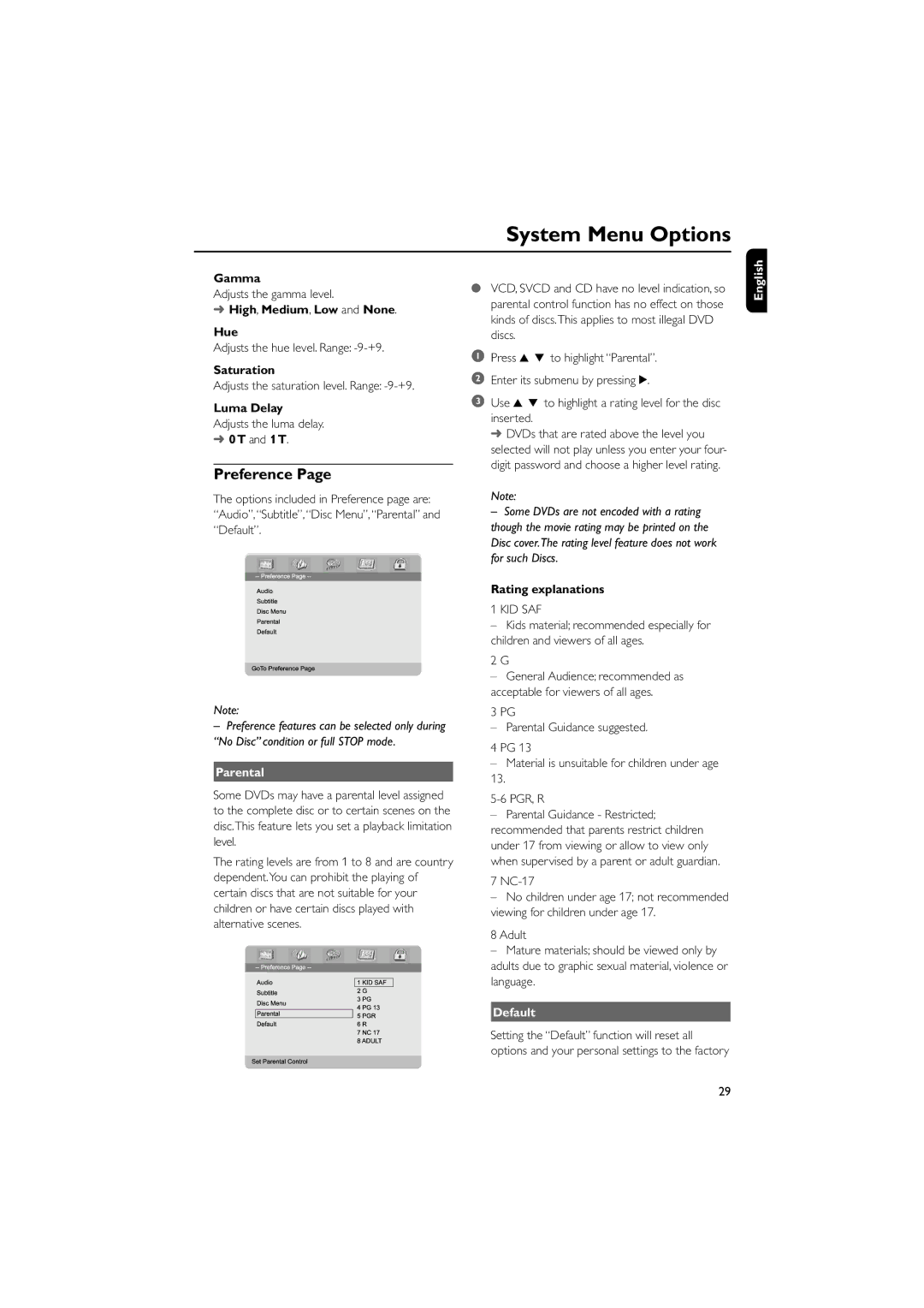 Philips MCD703 owner manual Parental, Default 