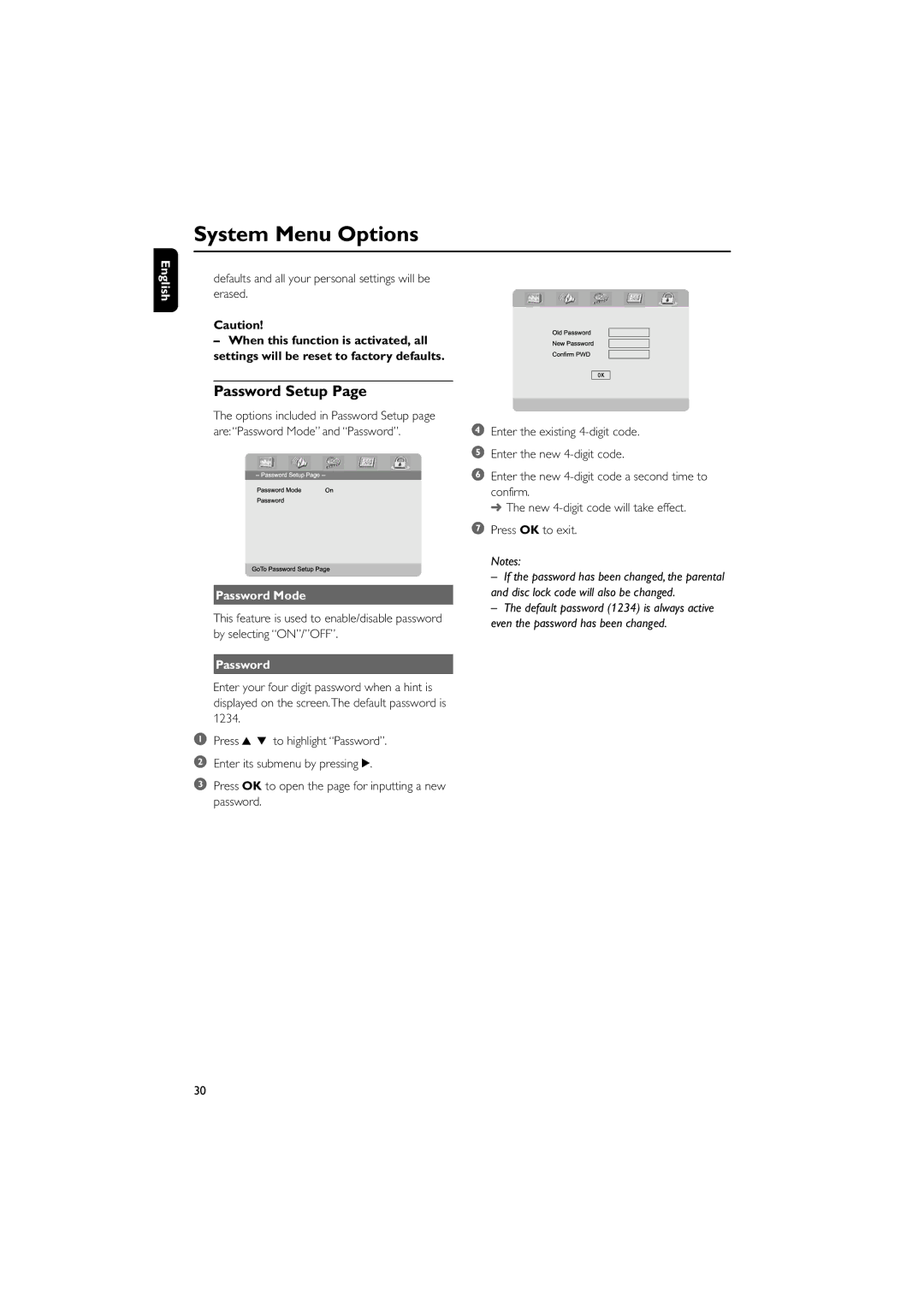 Philips MCD703 owner manual Password Setup, Defaults and all your personal settings will be erased, Password Mode 