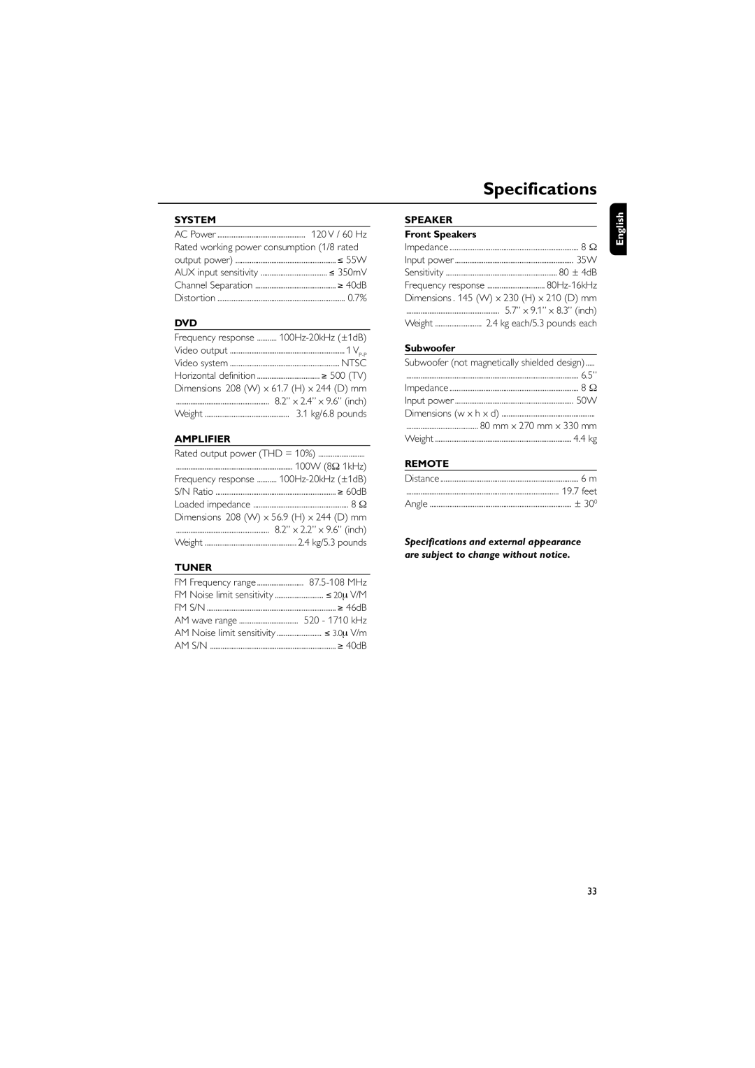 Philips MCD703 owner manual Specifications, Front Speakers, Subwoofer 