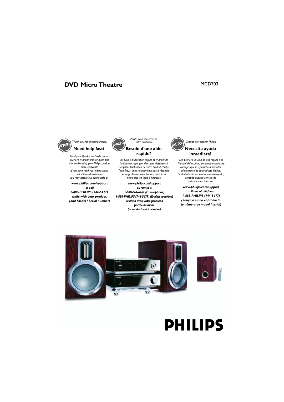 Philips MCD703 owner manual DVD Micro Theatre, Besoin dune aide, Necesita ayuda inmediata?, Need help fast?, rapide? 