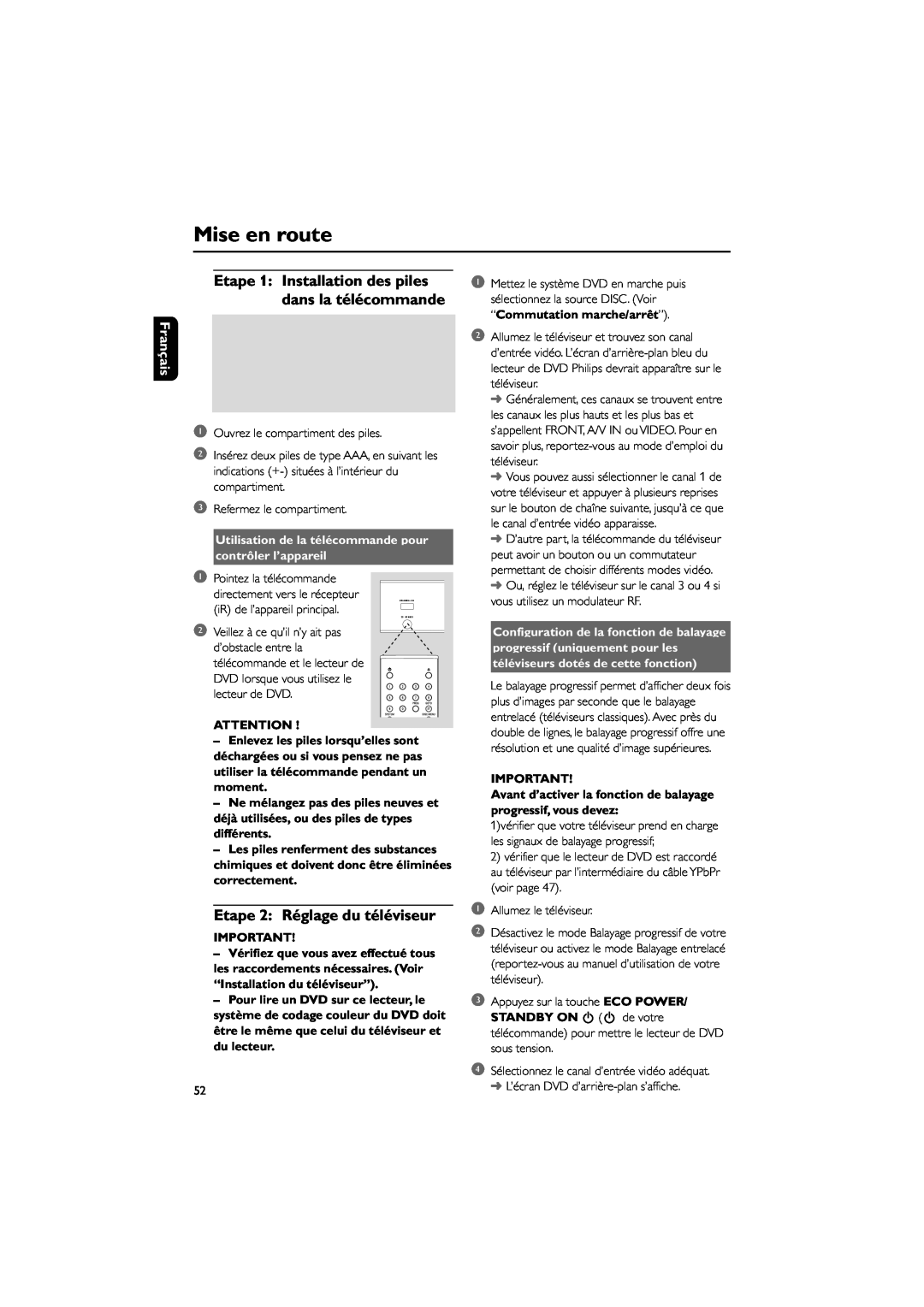 Philips MCD703 owner manual Mise en route, Etape 2 RŽglage du tŽlŽviseur, Franais, Utilisation de la tŽlŽcommande pour 