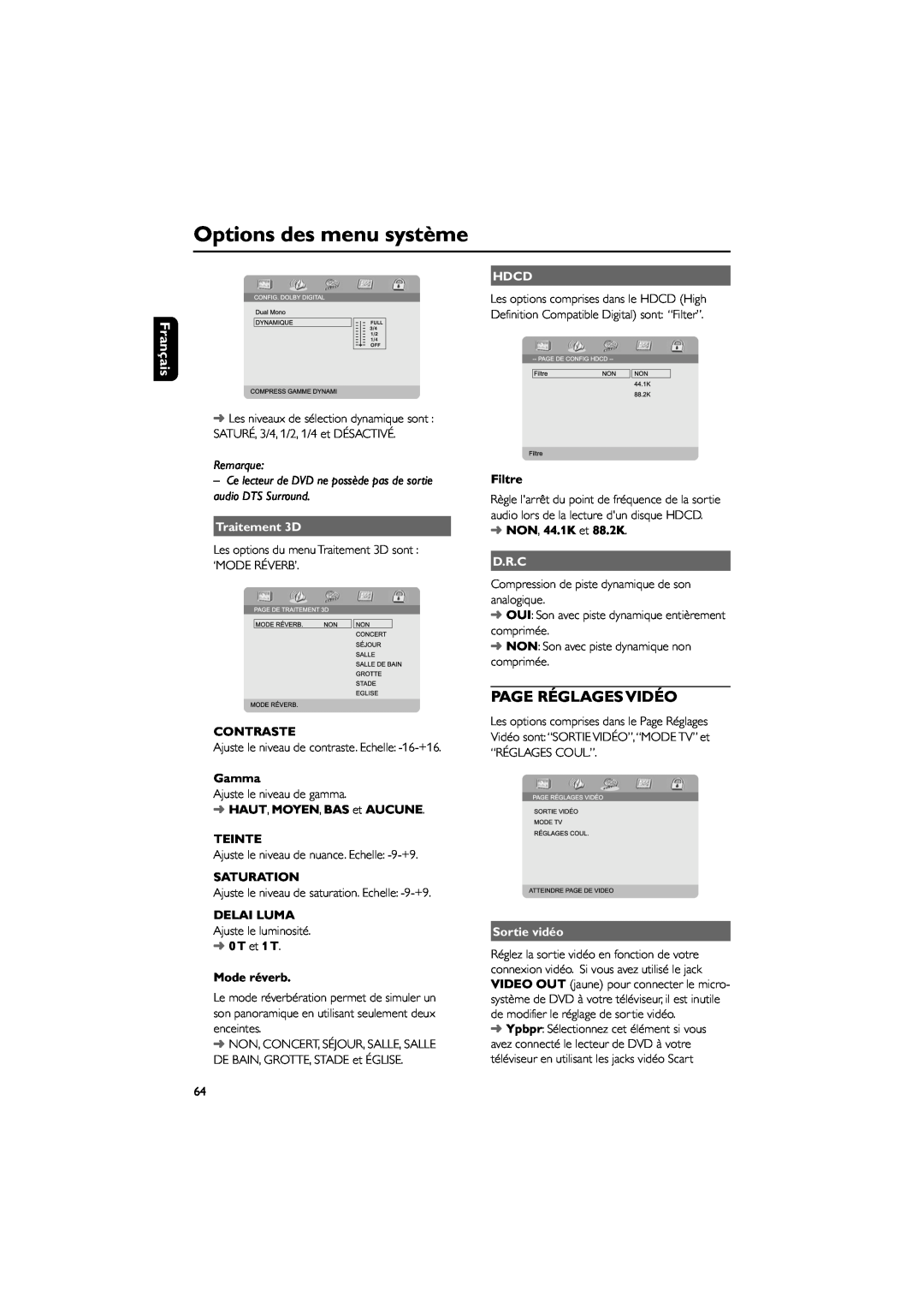 Philips MCD703 Options des menu syst me, PAGE RƒGLAGES VIDƒO, Fran ais, Remarque, Traitement 3D, Contraste, Gamma, Hdcd 