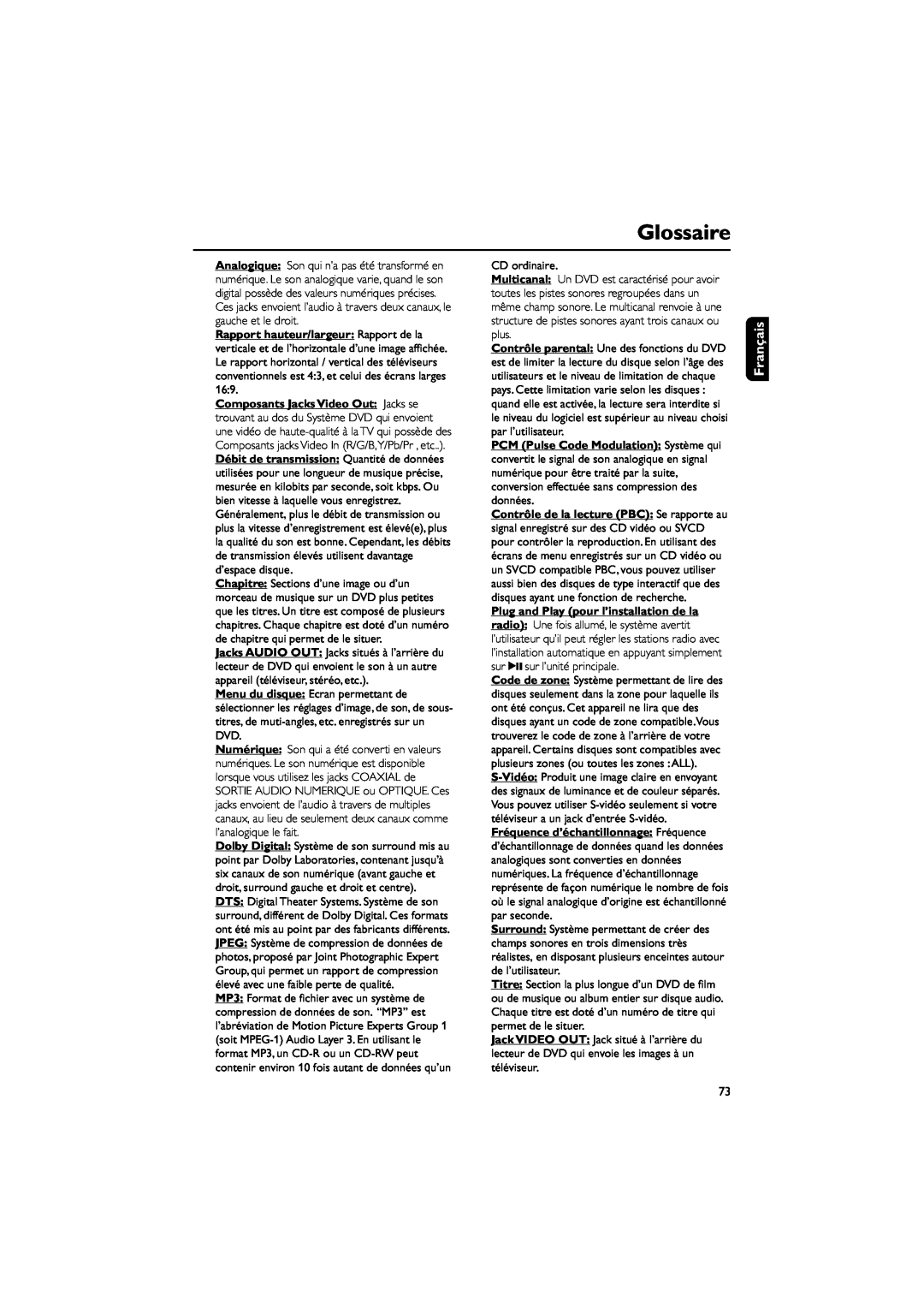 Philips MCD703 owner manual Glossaire, Fran ais 