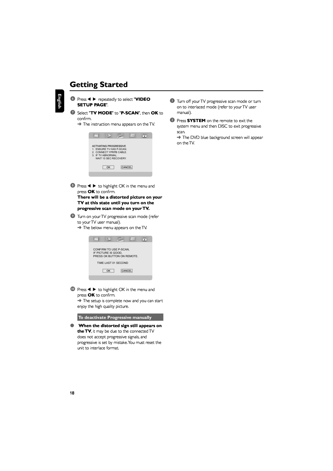 Philips MCD703 owner manual Getting Started, English, To deactivate Progressive manually 