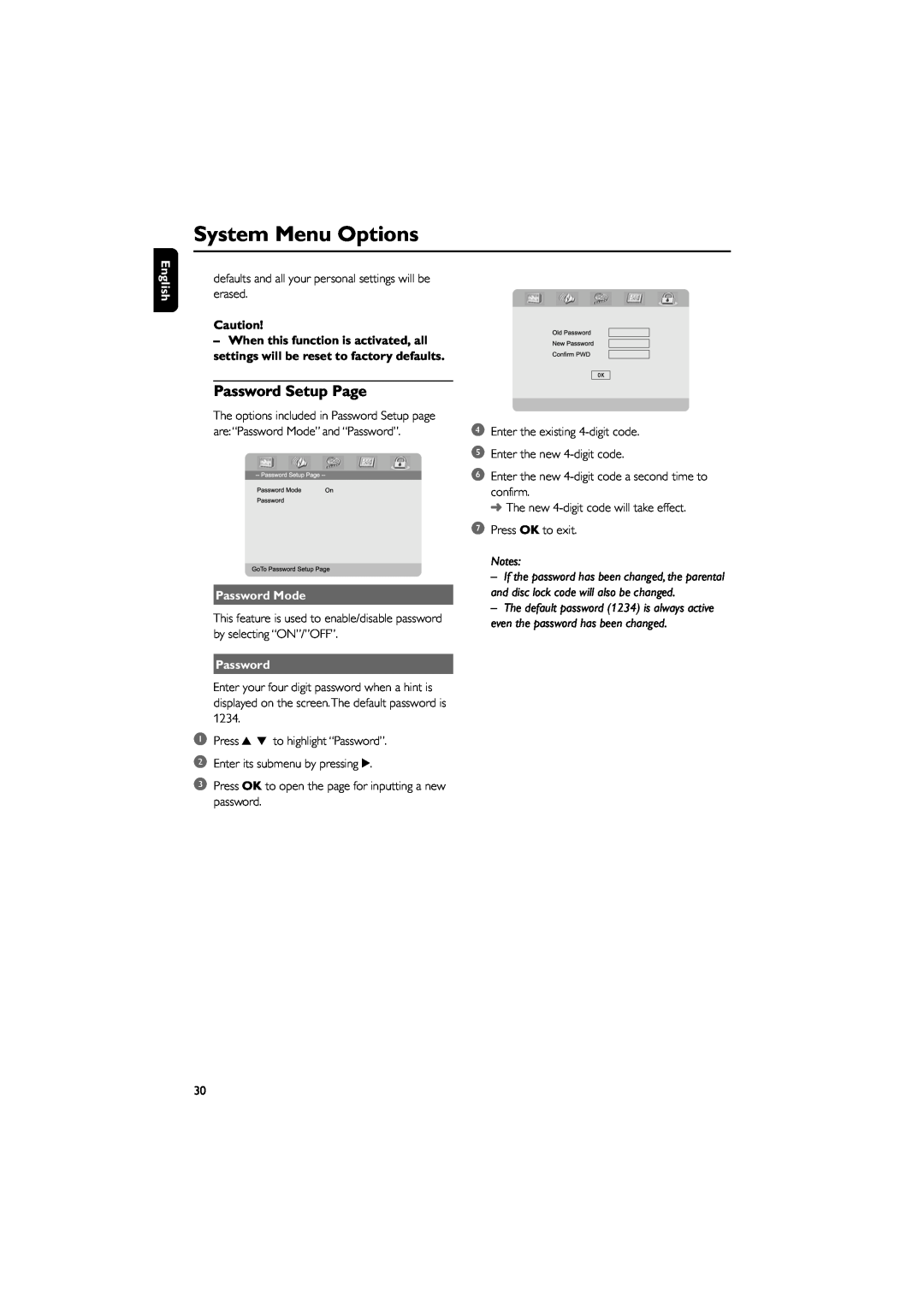 Philips MCD703 owner manual System Menu Options, Password Setup Page, English, Password Mode, Notes 