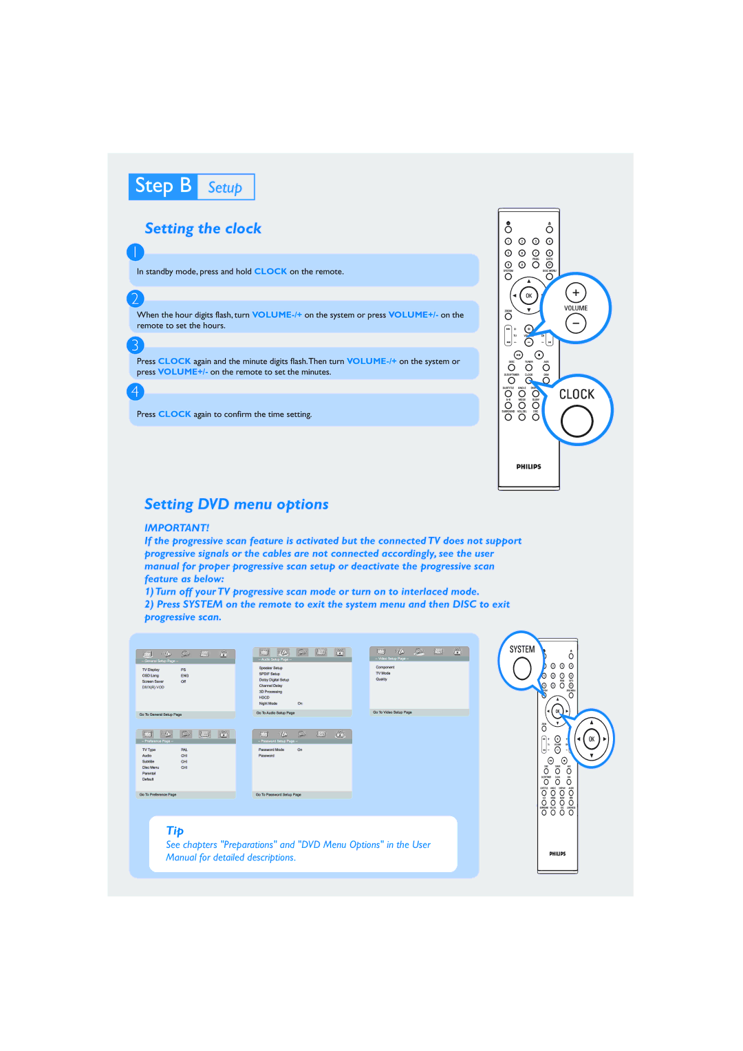 Philips MCD705 quick start Setting the clock, Setting DVD menu options, Tip 