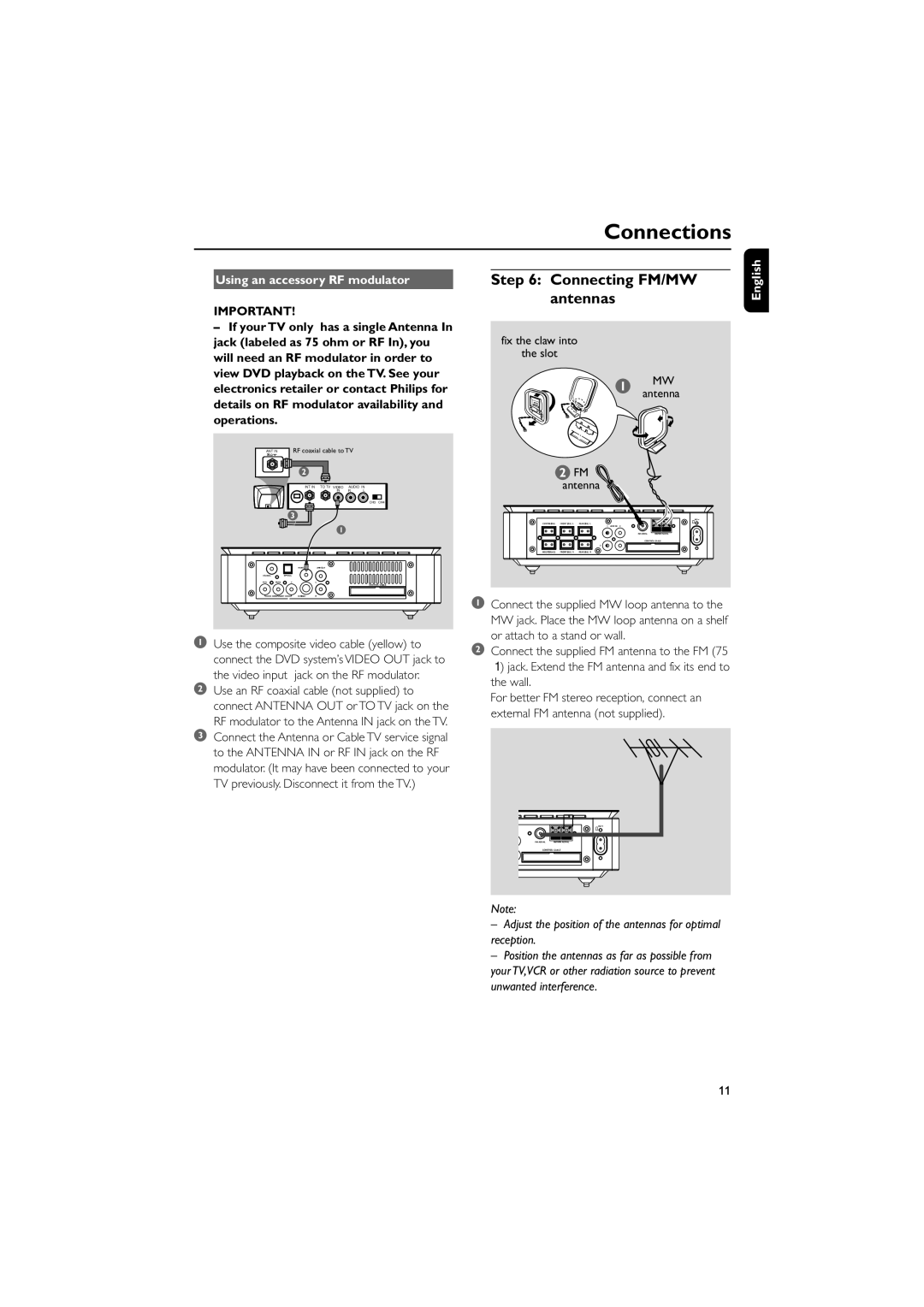 Philips MCD705/98 manual Connecting FM/MW antennas, Using an accessory RF modulator 