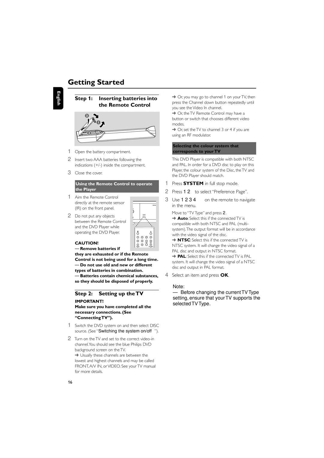 Philips MCD705/98 manual Getting Started, Inserting batteries into the Remote Control, Setting up the TV 