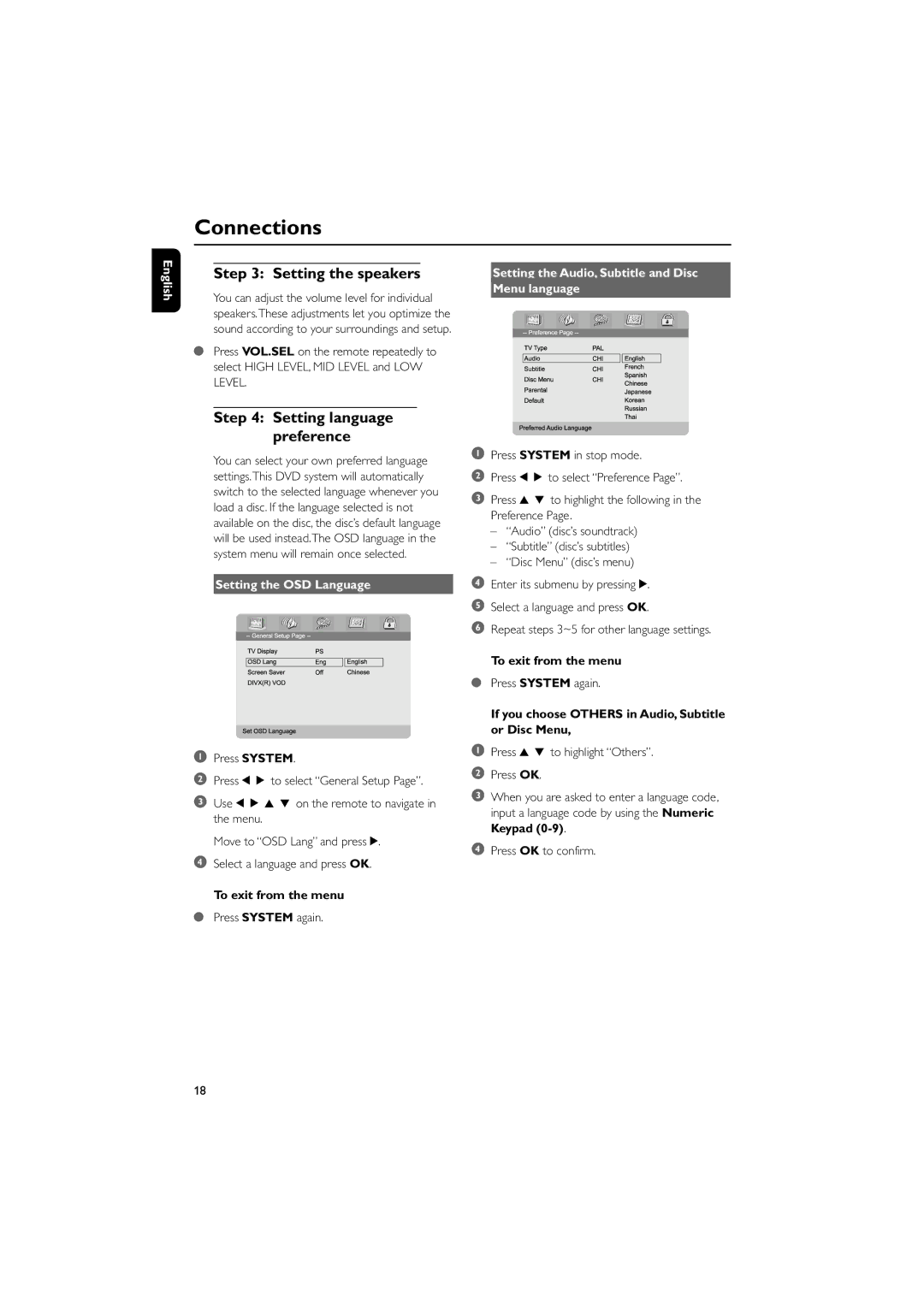 Philips MCD705/98 manual Setting the speakers, Setting language preference, Setting the OSD Language 