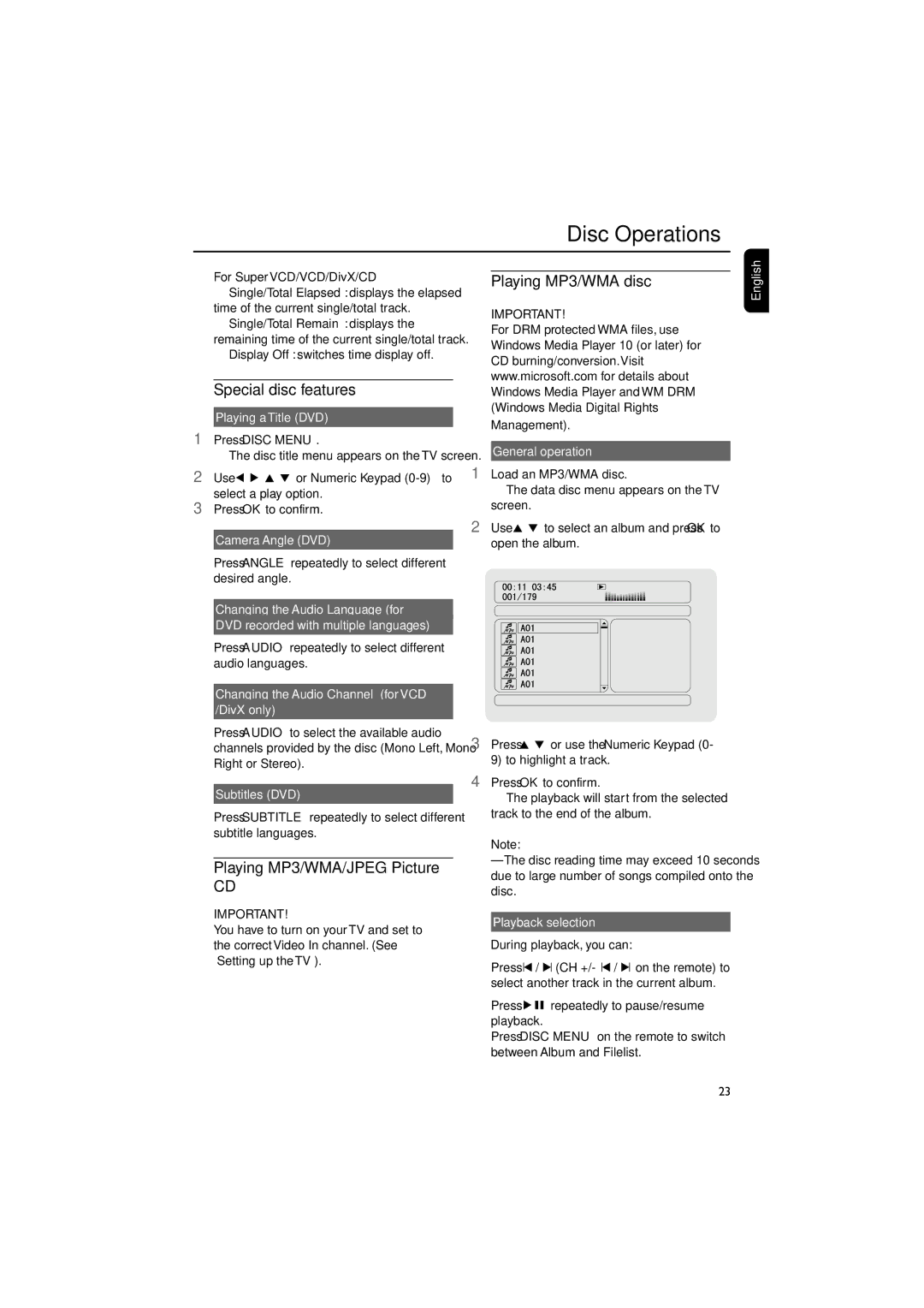 Philips MCD705/98 manual Special disc features, Playing MP3/WMA/JPEG Picture, Playing MP3/WMA disc 