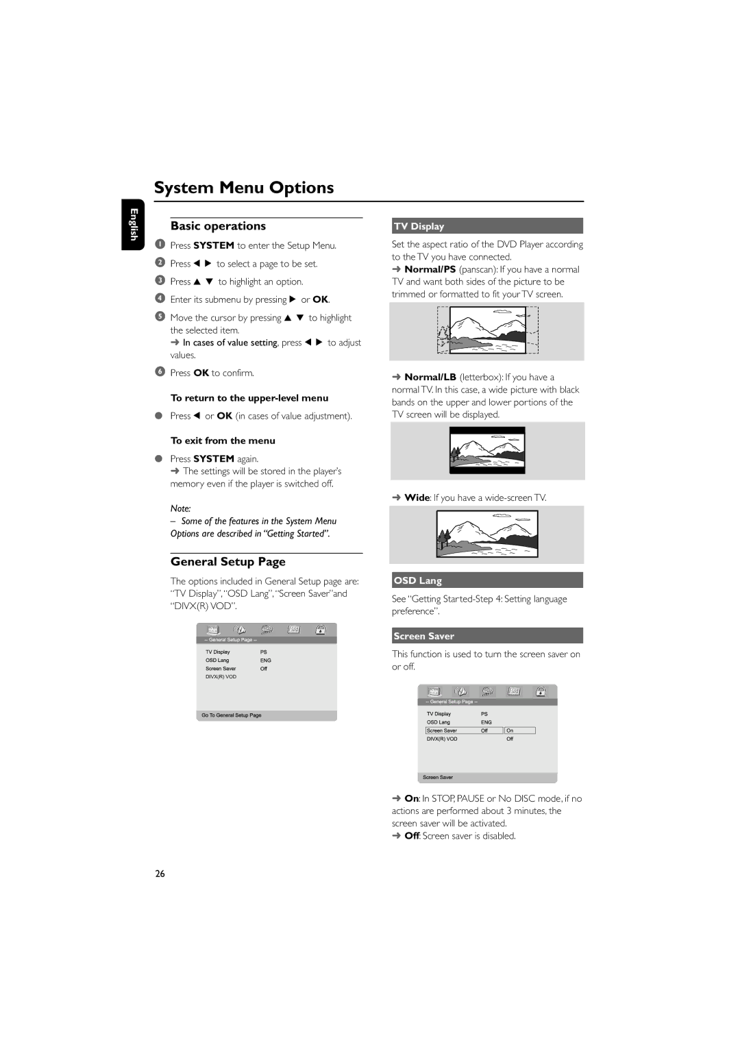 Philips MCD705/98 manual System Menu Options, Basic operations, General Setup 