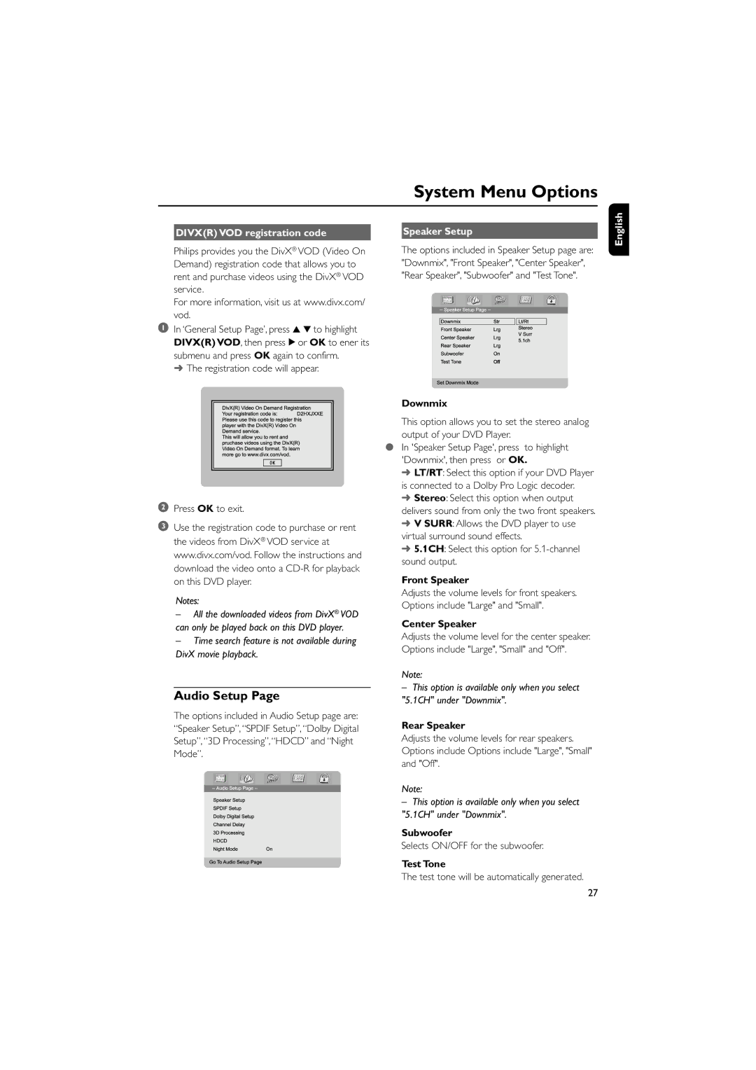 Philips MCD705/98 manual Divxr VOD registration code Speaker Setup, Downmix, Front Speaker 