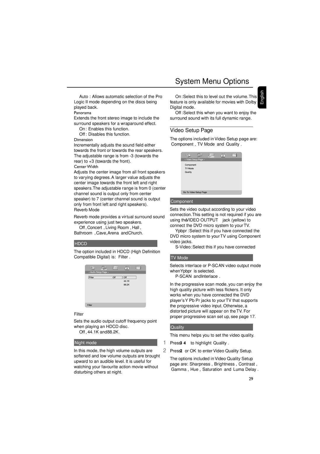 Philips MCD705/98 manual Video Setup, Night mode, Component, TV Mode, Quality 