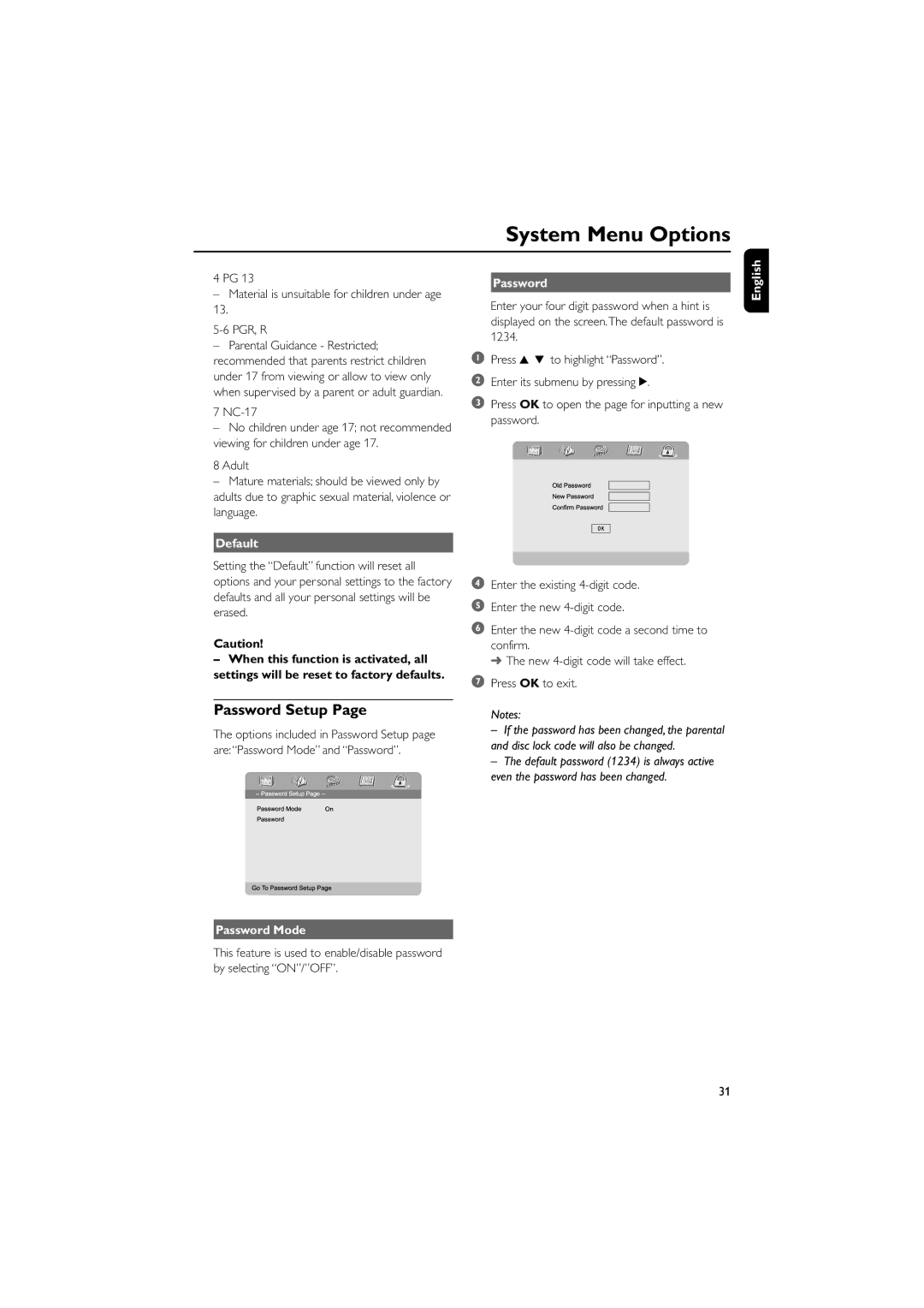 Philips MCD705/98 manual Password Setup, Default, English Password Mode 