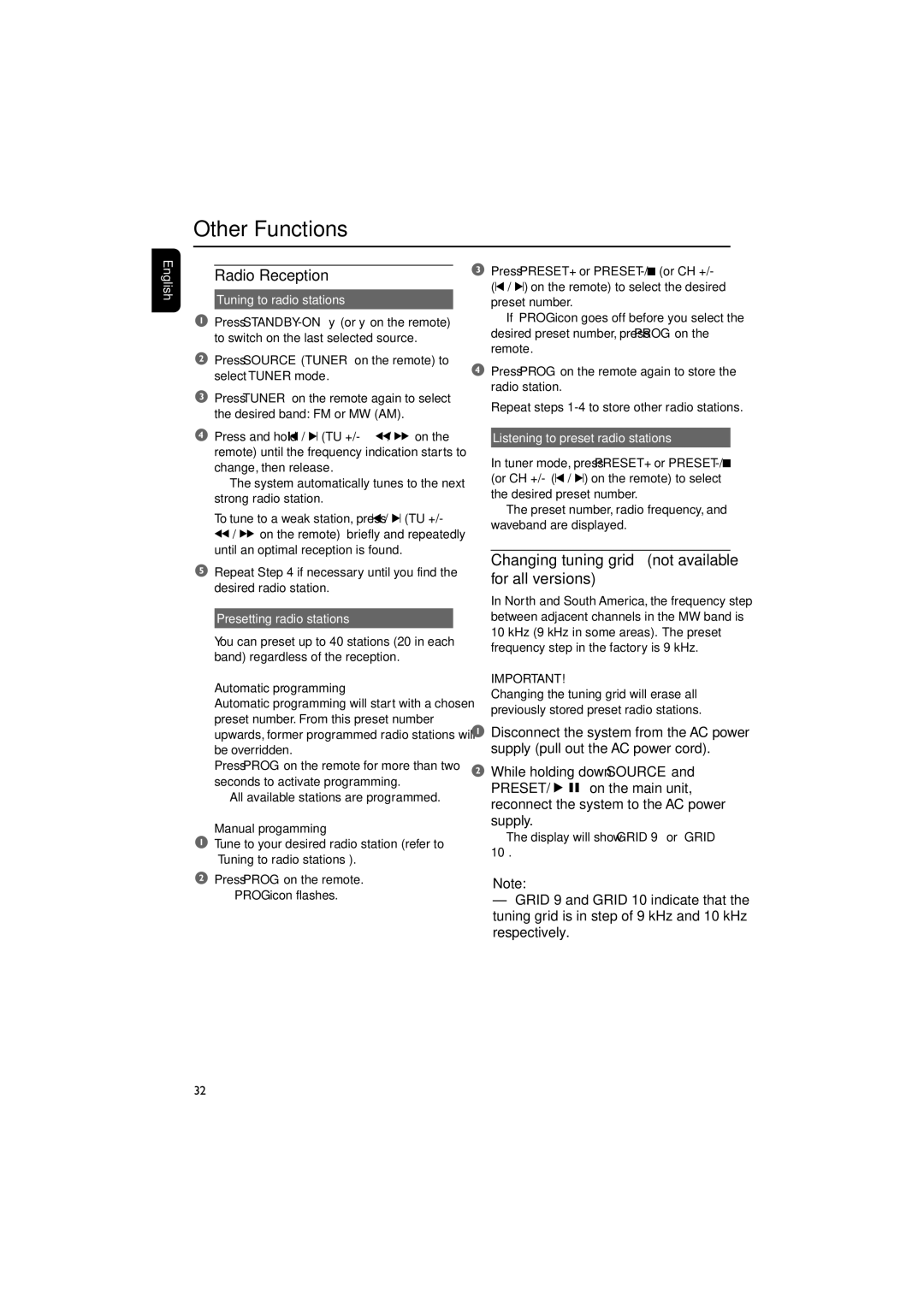 Philips MCD705/98 manual Other Functions, Radio Reception, Changing tuning grid not available 