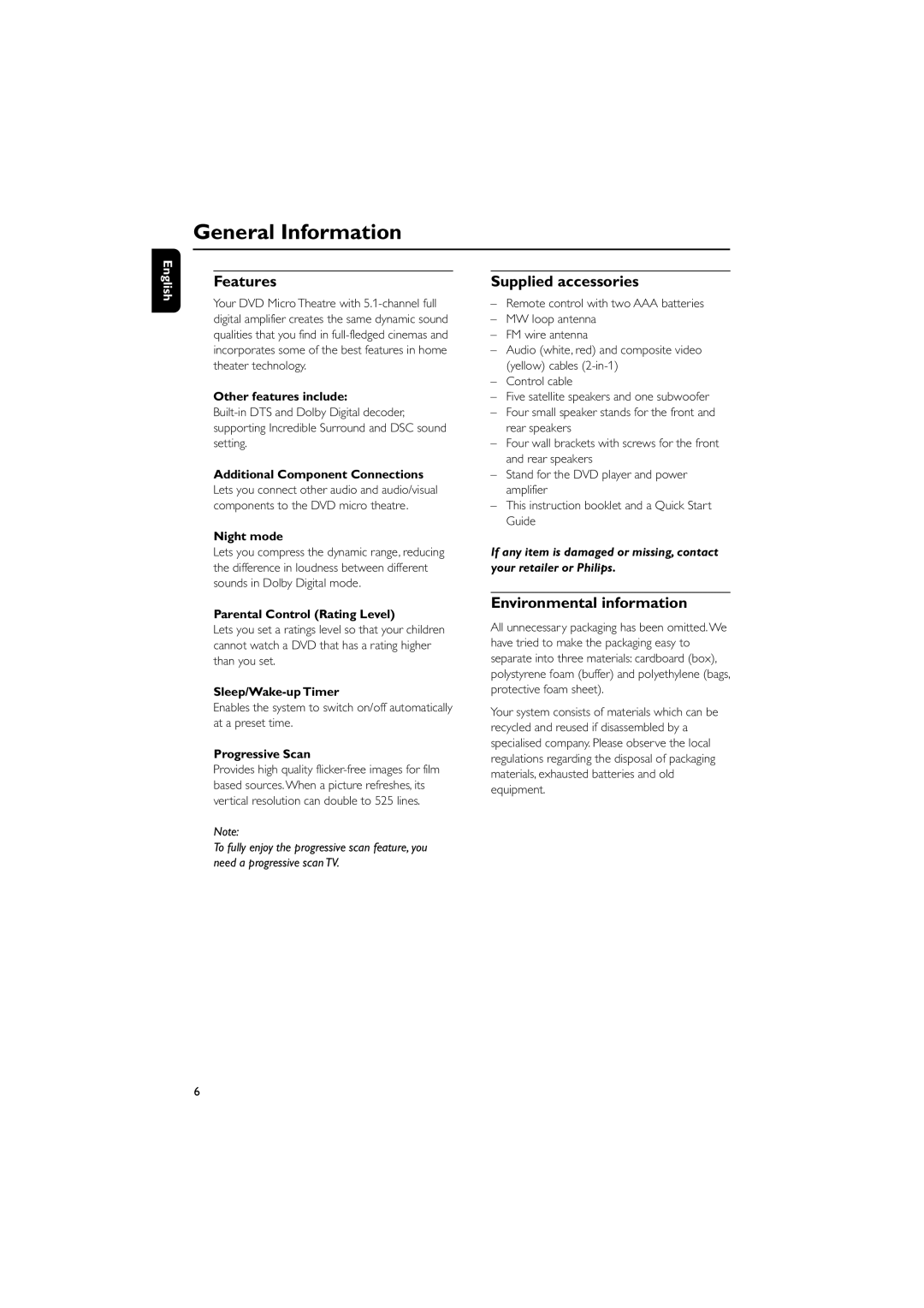 Philips MCD705/98 manual General Information, Features, Supplied accessories, Environmental information 