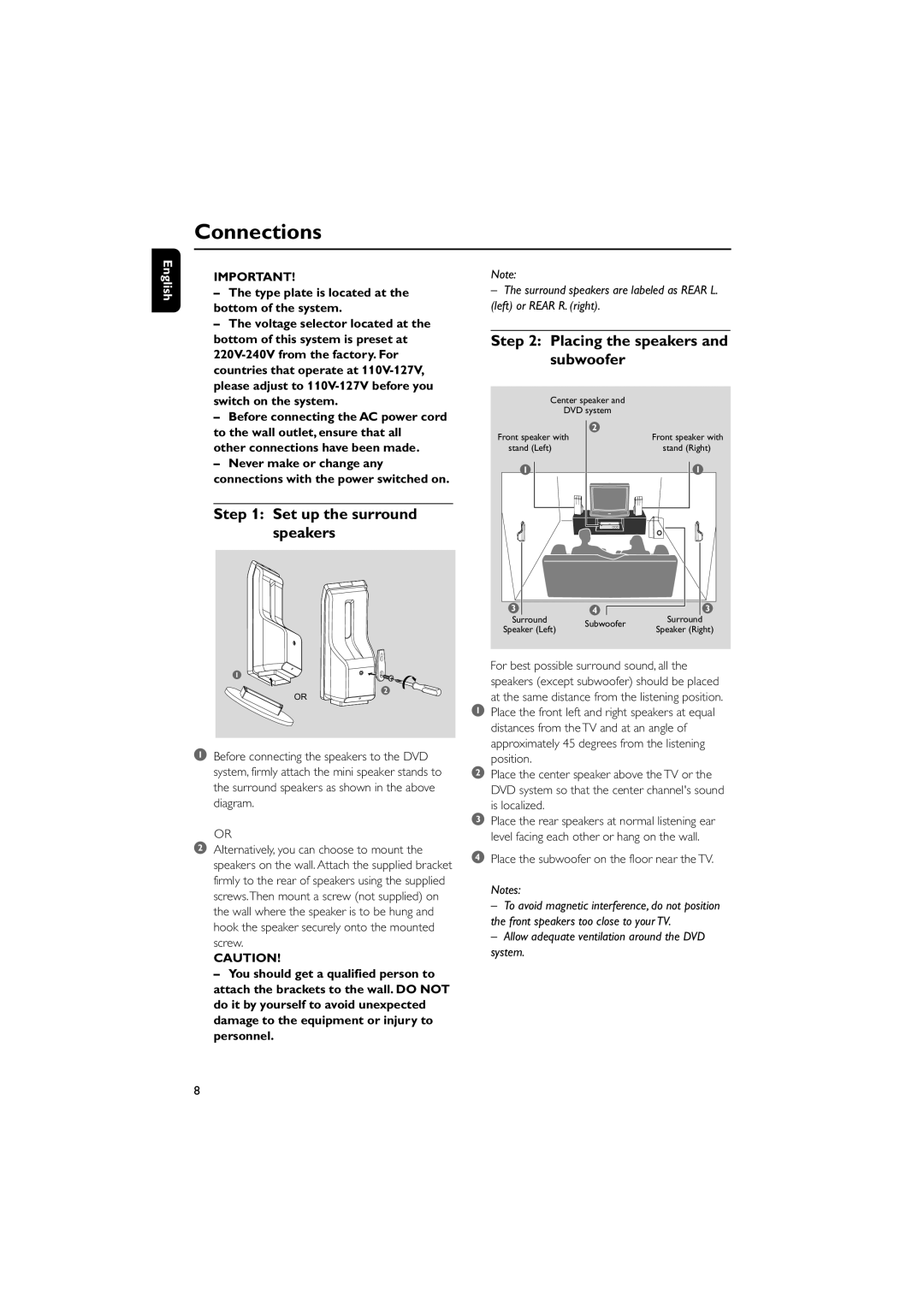 Philips MCD705/98 manual Connections, Set up the surround speakers, Placing the speakers and subwoofer 