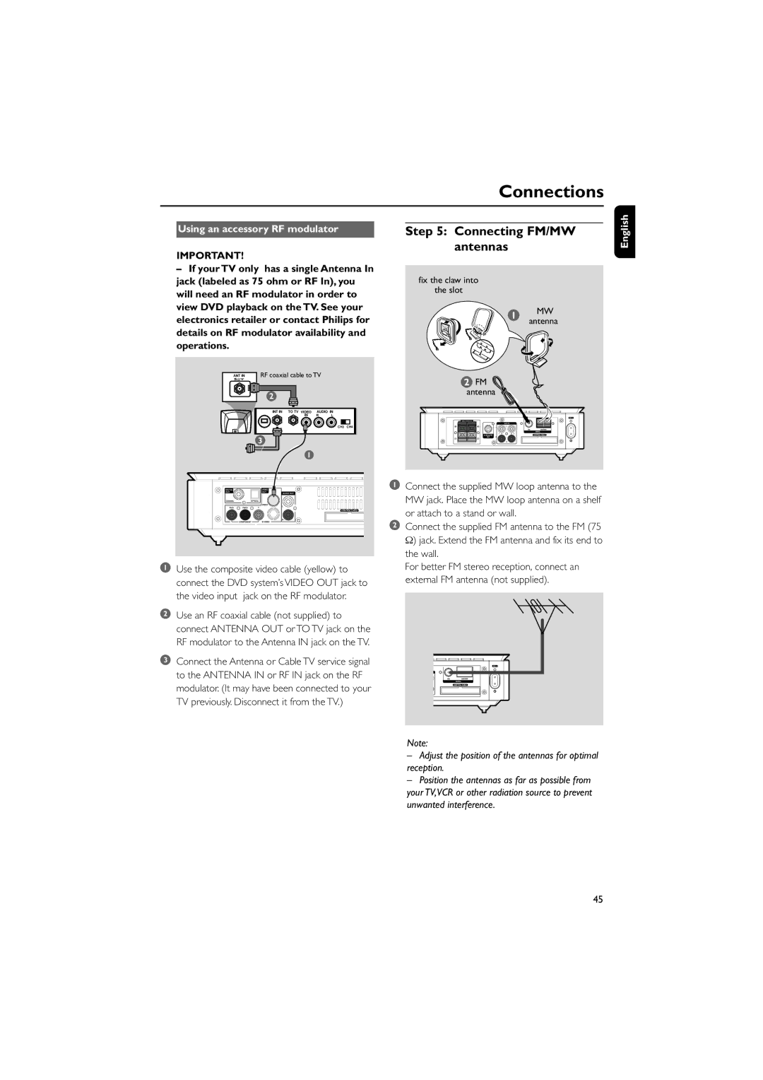 Philips MCD706/93 manual Connecting FM/MW antennas, Using an accessory RF modulator 