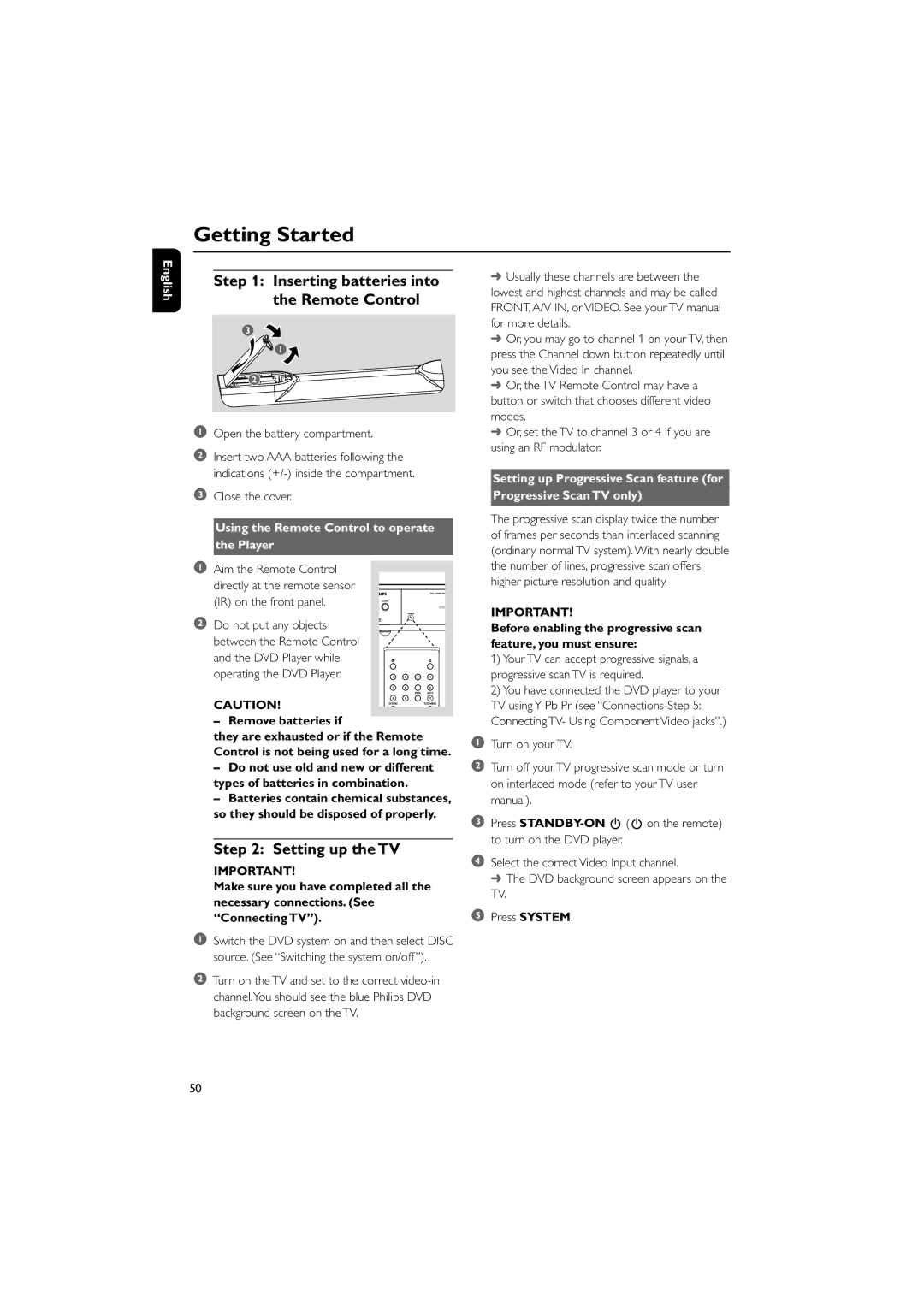 Philips MCD706/93 Getting Started, Inserting batteries into the Remote Control, Setting up the TV, Remove batteries if 