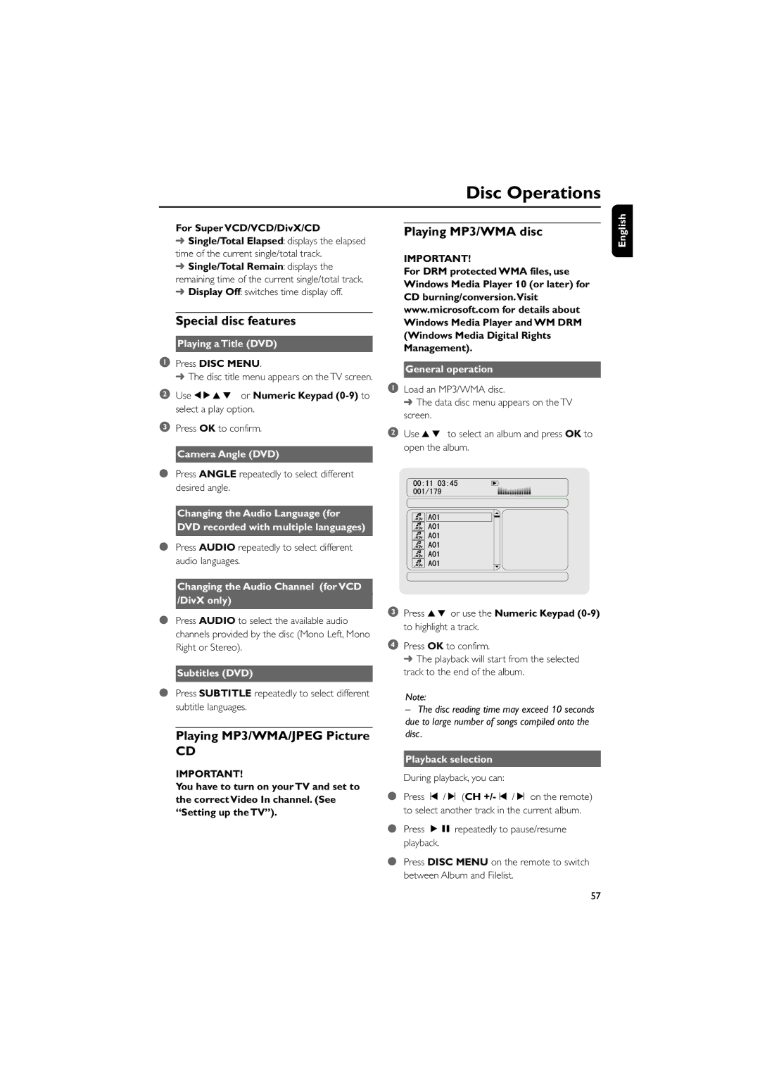 Philips MCD706/93 manual Special disc features, Playing MP3/WMA/JPEG Picture, Playing MP3/WMA disc 